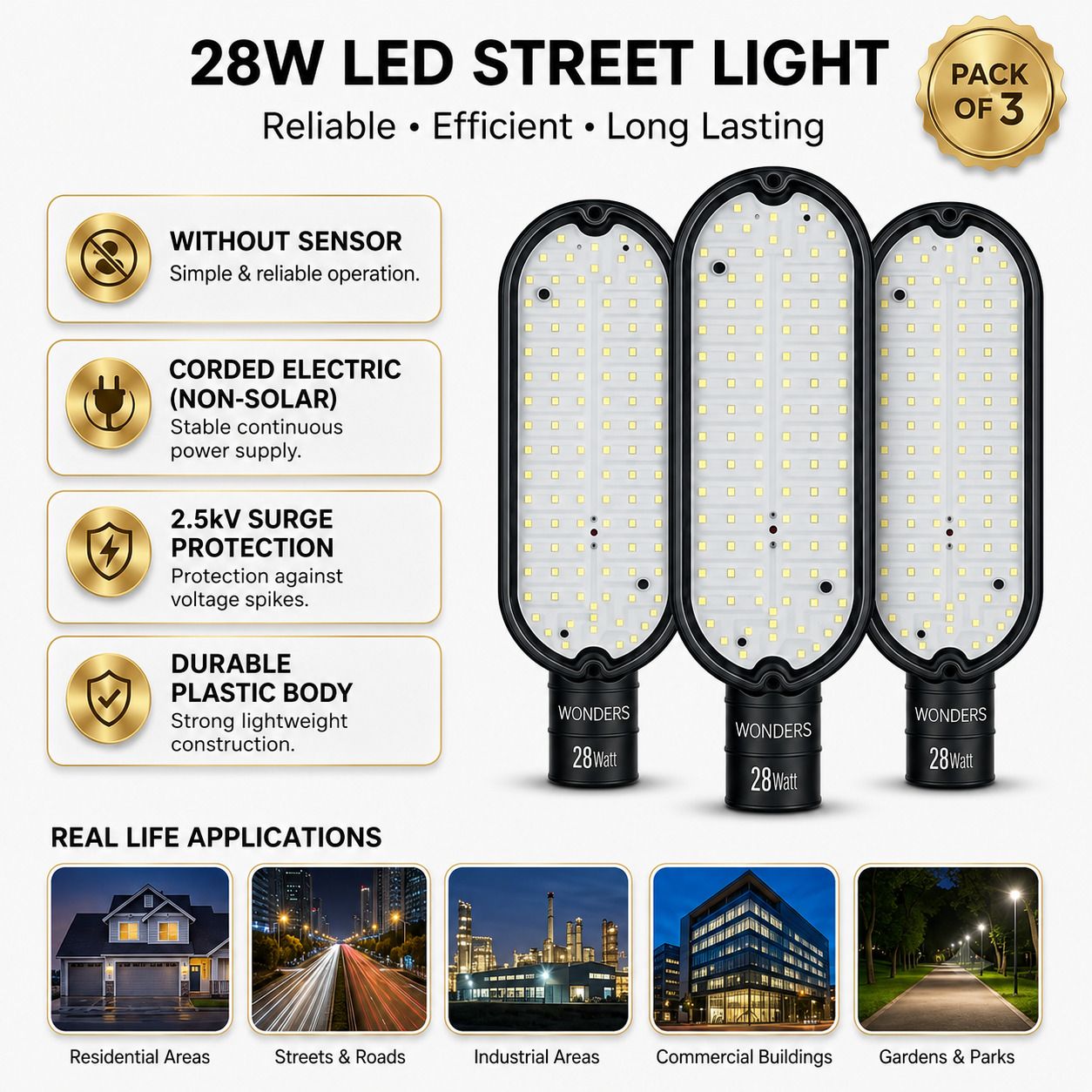 wonders 28W LED Street Light Without Sensor Pack of 3 |IP65 Waterproof | Energy Efficient | 2.5kV Surge Protection| Outdoor Street Lamp | Bright White Light | Non-Solar Corded Electric | Durable Plastic Body | S3W7 Street Light Outdoor Lamp-picture-24