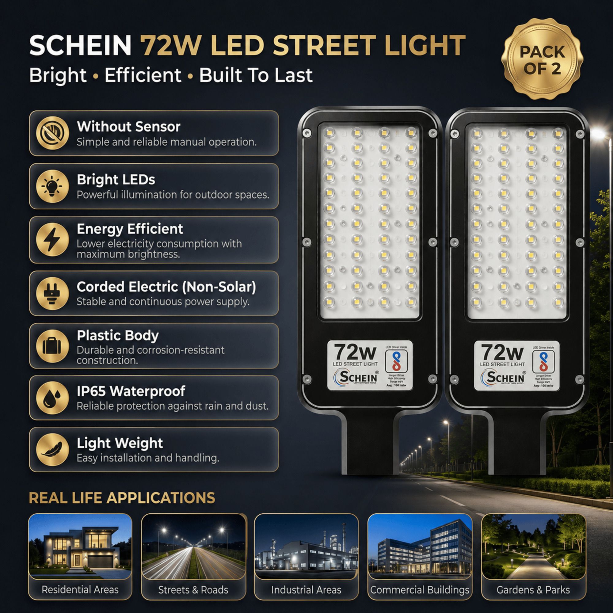 schein 72W LED Street Light Pack of 2 | Without Sensor | Bright White Illumination | Corded Electric Non-Solar | IP65 Waterproof Protection | Energy Efficient | Durable Plastic Body | S2W5 Street Light Outdoor Lamp-picture-17