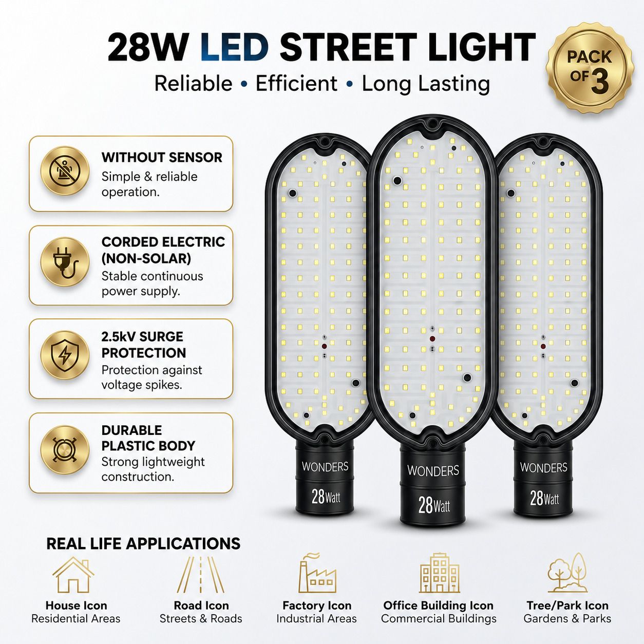28W LED Street Light Without Sensor Pack of 3 | Energy Efficient Outdoor Street Lamp | 2.5kV Surge Protection| IP65 Waterproof | Bright White Light | Non-Solar Corded Electric | Durable Plastic Body | S3W9 Street Light Outdoor Lamp-image-26