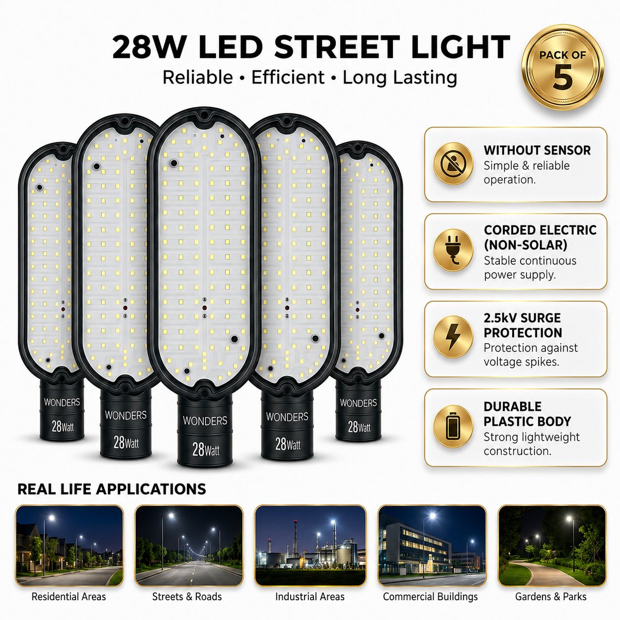 wonders 28W LED Street Light Without Sensor Pack of 5 |IP65 Waterproof | Outdoor Street Lamp | Energy Efficient | 2.5kV Surge Protection| Bright White Light | Non-Solar Corded Electric | Durable Plastic Body | S5W2 Street Light Outdoor Lamp-picture-27