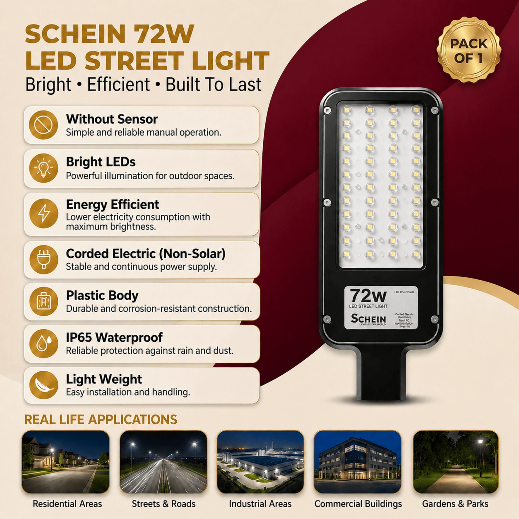 schein 72W White LED Street Light Pack of 1 | IP65 Waterproof | High Brightness LEDs | Energy Efficient Outdoor Lighting | Without Sensor | Plastic Body | Non-Solar Electric Operation | S1W4 Street Light Outdoor Lamp-picture-10