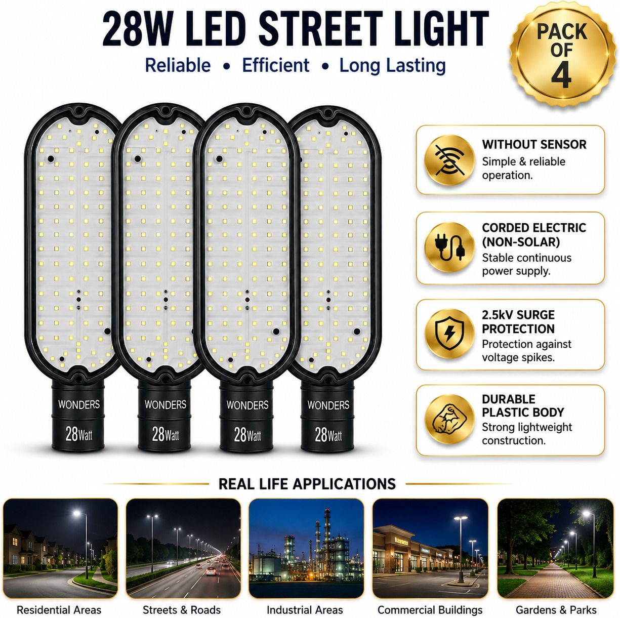 28W LED Street Light Without Sensor Pack of 4 |IP65 Waterproof | Outdoor Street Lamp | Energy Efficient | 2.5kV Surge Protection| Bright White Light | Non-Solar Corded Electric | Durable Plastic Body | S4W2 Street Light Outdoor Lamp-image-25
