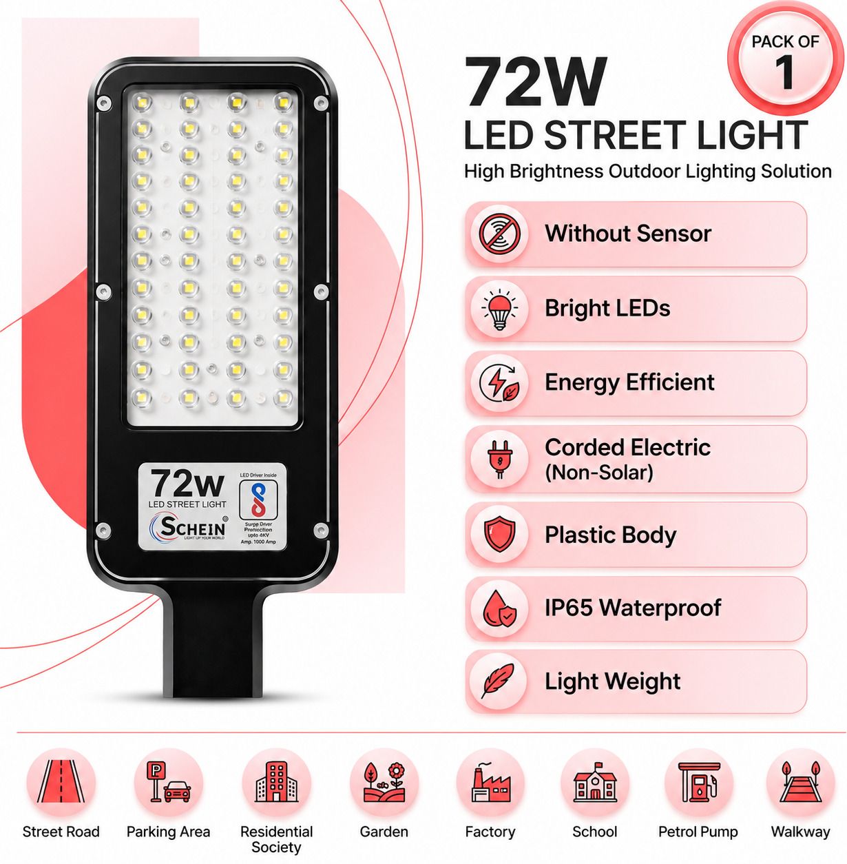 72W LED Street Light Pack of 1 | Corded Electric Non-Solar | Bright White Illumination | Without Sensor | IP65 Waterproof Protection | Energy Efficient | Durable Plastic Body | S1W12A3 Street Light Outdoor Lamp-image-6