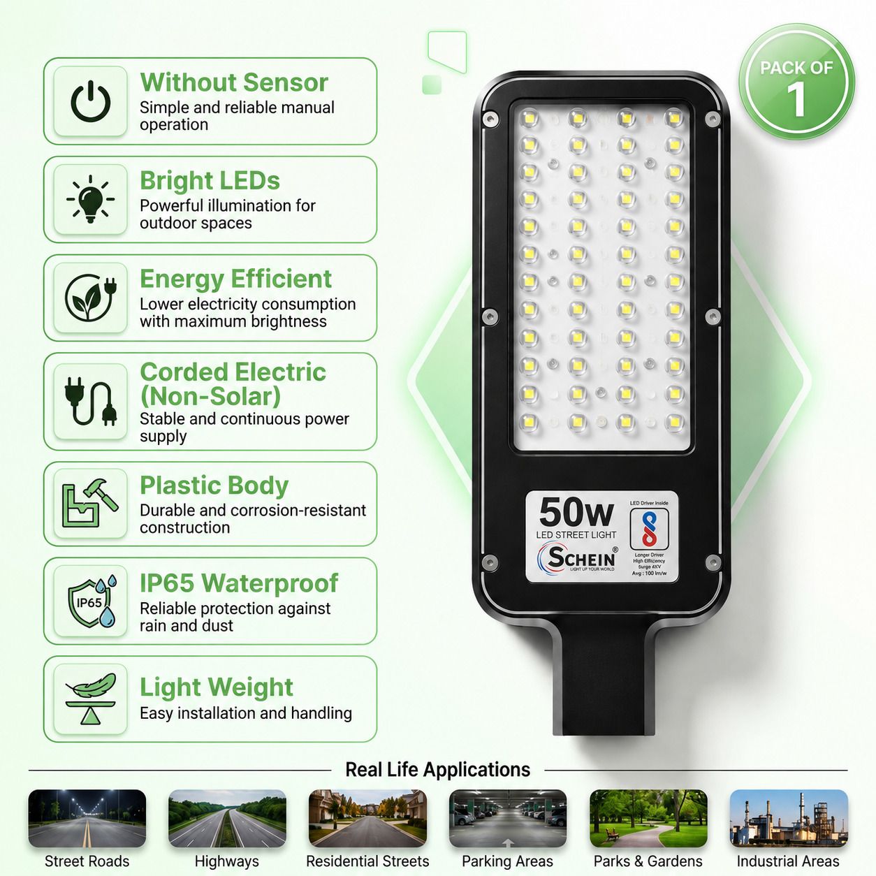 schein 50W White LED Street Light Pack of 1 | IP65 Waterproof | High Brightness LEDs | Energy Efficient Outdoor Lighting | Without Sensor | Plastic Body | Non-Solar Electric Operation | S1W4A1 Street Light Outdoor Lamp-picture-29