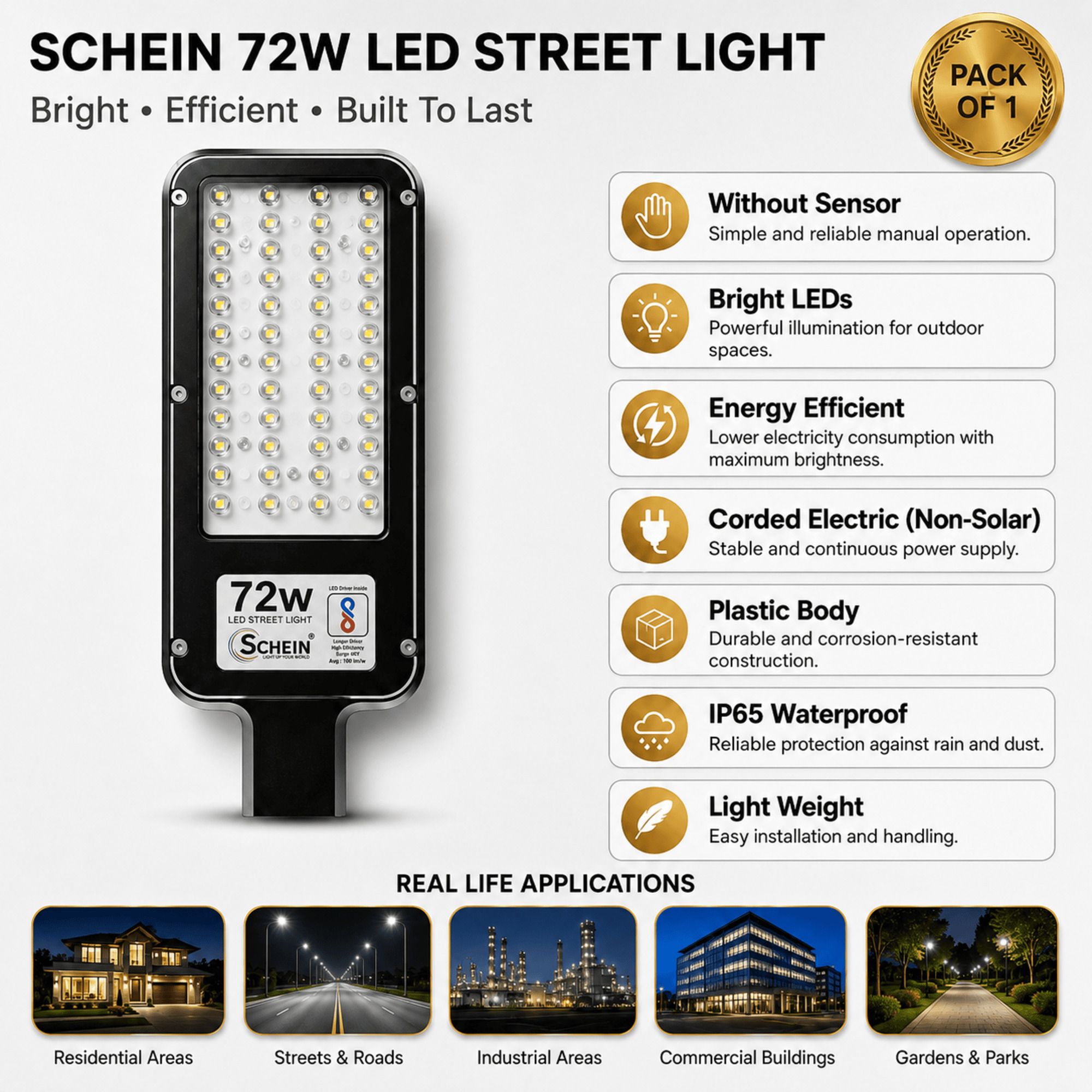 schein 72W White LED Street Light Pack of 1 | High Brightness LEDs | IP65 Waterproof | Energy Efficient Outdoor Lighting | Without Sensor | Plastic Body | Non-Solar Electric Operation | S1W6 Street Light Outdoor Lamp-picture-14