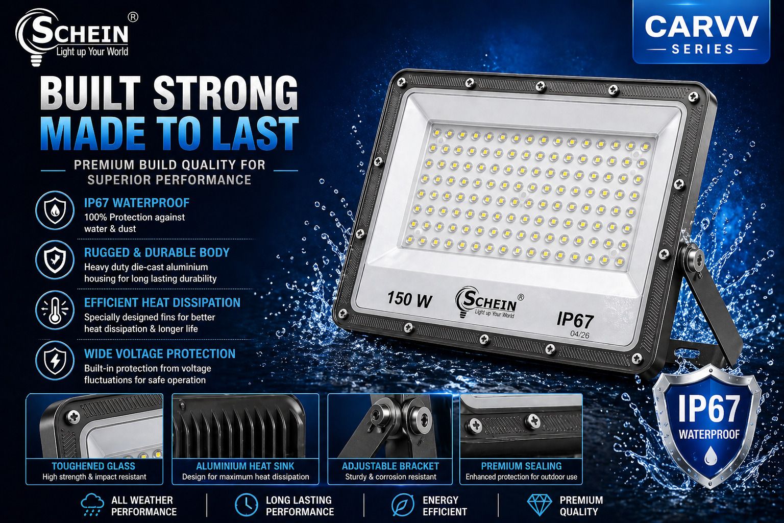 150W Premium LED Flood Light (CARVV Series) Pack of 1 | Long Lifespan | 15000 Lumens High Brightness |Non Solar| Aluminium Body Heat Dissipation | IP67 Waterproof Dust & Water Resistant | 180° Wide Beam Angle Adjustable|Corded Electric(Ac Supply) | Impact Resistant PC Lens | Easy Installation | Energy Efficient | Heavy Duty Outdoor Light for Street, Parking, Factory & Security Use | 1–2 Years Warranty Flood Light Outdoor Lamp-image-40