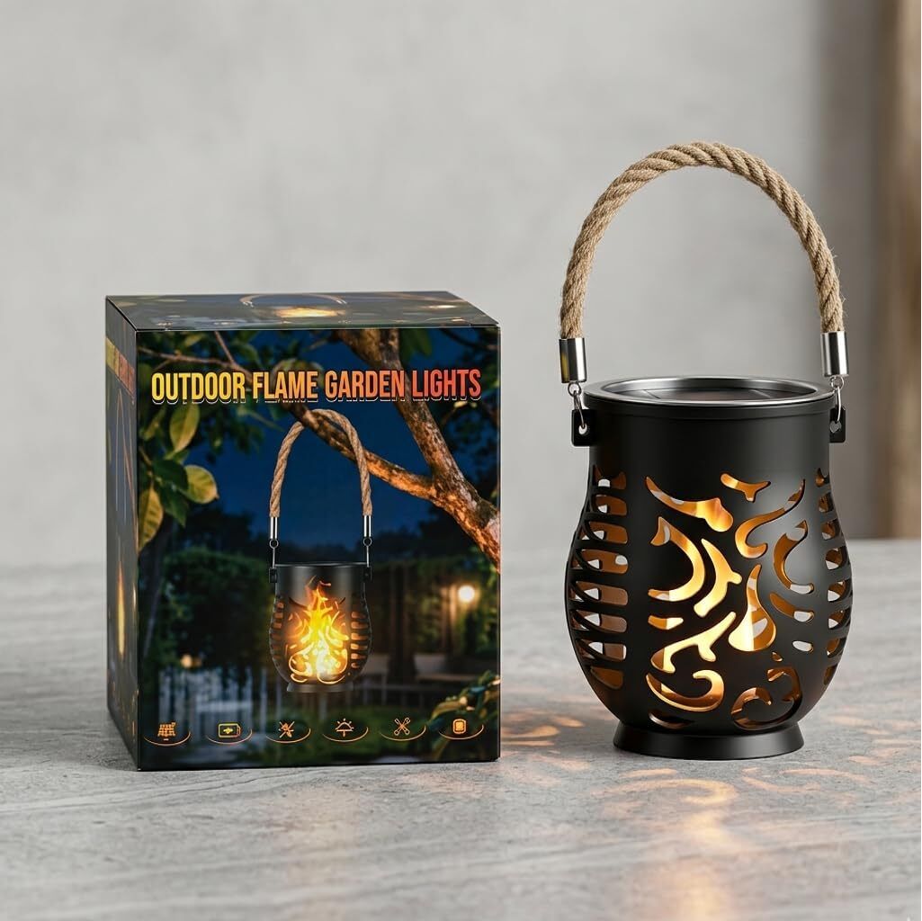 yorten Solar Flame Lantern Light with Hanging Rope Handle for Garden & Outdoor Décor Black Plastic Hanging Lantern-picture-46