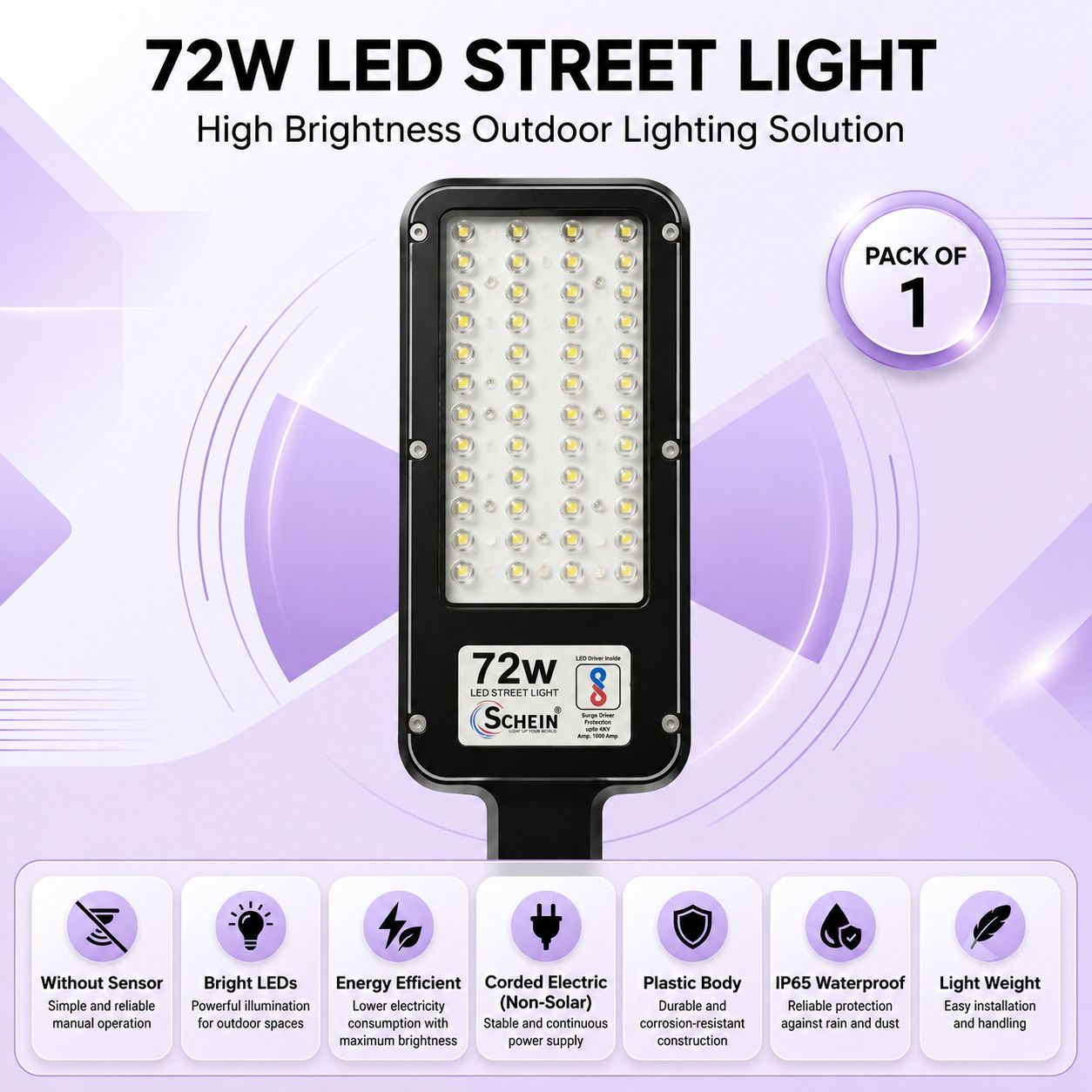 72W LED Street Light Pack of 1 | Bright White Illumination | Without Sensor | Corded Electric Non-Solar | IP65 Waterproof Protection | Energy Efficient | Durable Plastic Body | S1W13A4 Street Light Outdoor Lamp-image-23