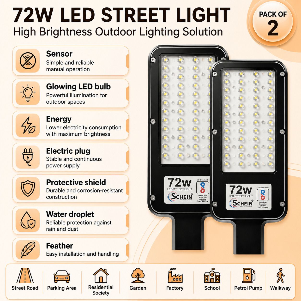 72W LED Street Light Pack of 2 |Energy Efficient | Without Sensor | Bright White Illumination | Corded Electric Non-Solar | IP65 Waterproof Protection | Durable Plastic Body | S2W10A1 Street Light Outdoor Lamp-image-22