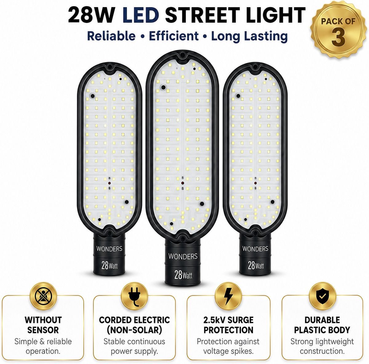 wonders 28W LED Street Light Without Sensor Pack of 3 | 2.5kV Surge Protection| IP65 Waterproof Energy Efficient | Outdoor Street Lamp | Bright White Light | Non-Solar Corded Electric | Durable Plastic Body | S3W8 Street Light Outdoor Lamp-picture-28