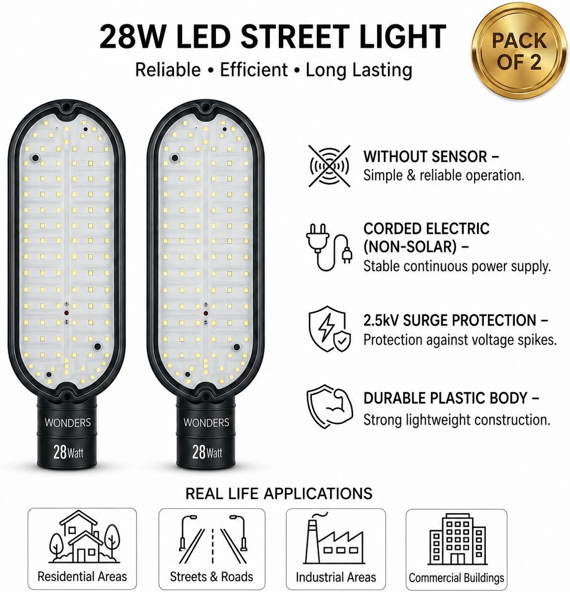 wonders 28W LED Street Light Without Sensor Pack of 2 |IP65 Waterproof | Outdoor Street Lamp | Energy Efficient | 2.5kV Surge Protection| Bright White Light | Non-Solar Corded Electric | Durable Plastic Body | S2W6 Street Light Outdoor Lamp-picture-29