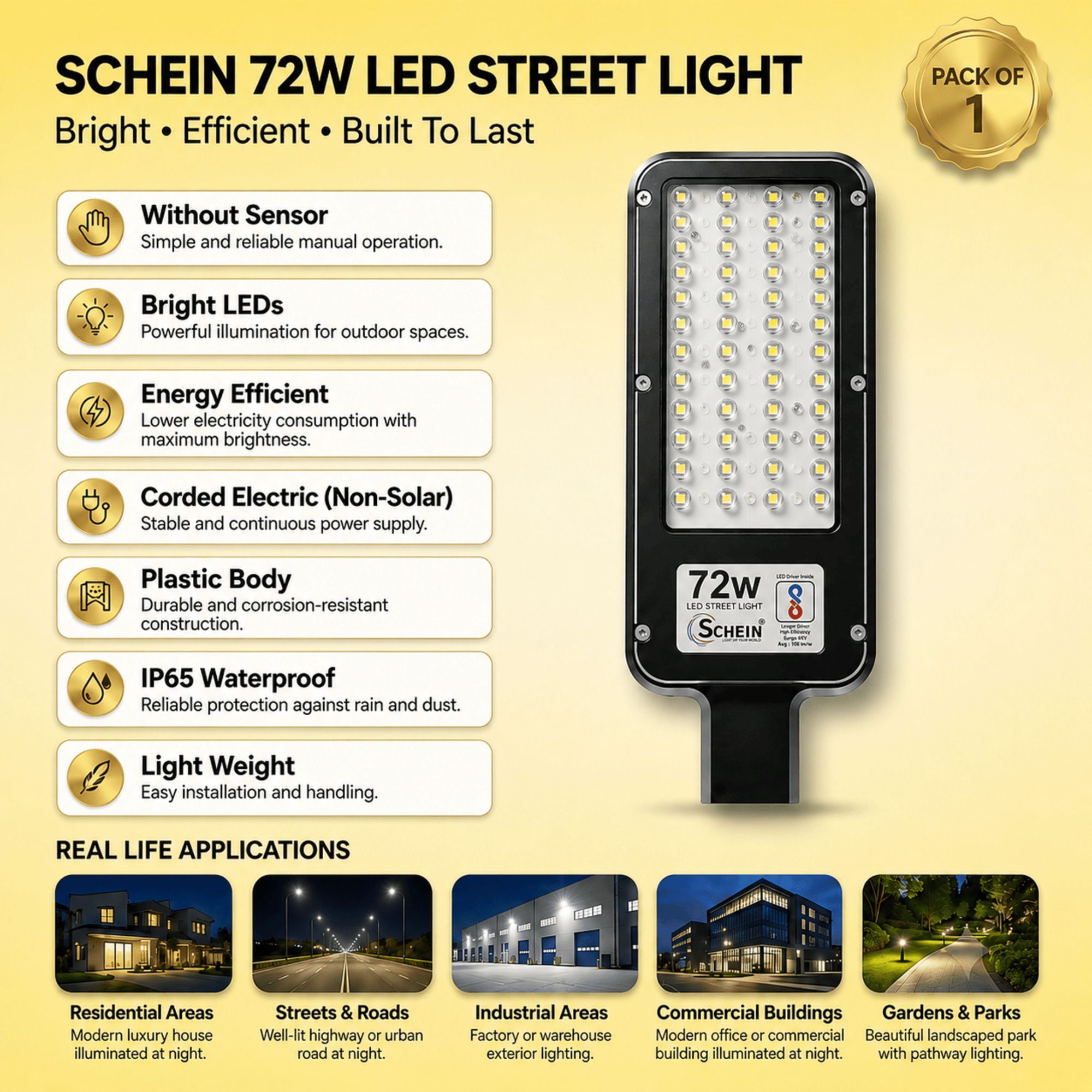 schein 72W LED Street Light Pack of 1 | Bright White Illumination | Without Sensor | Corded Electric Non-Solar | IP65 Waterproof Protection | Energy Efficient | Durable Plastic Body | S1W8 Street Light Outdoor Lamp-picture-9