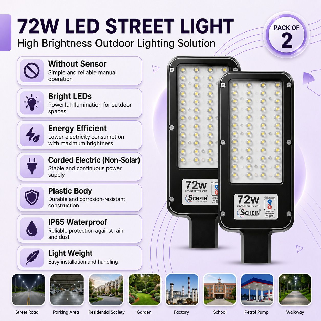 72W LED Street Light Pack of 2 | IP65 Waterproof Protection | Without Sensor | Bright White Illumination | Corded Electric Non-Solar | Energy Efficient | Durable Plastic Body | S2W13A4 Street Light Outdoor Lamp-image-27