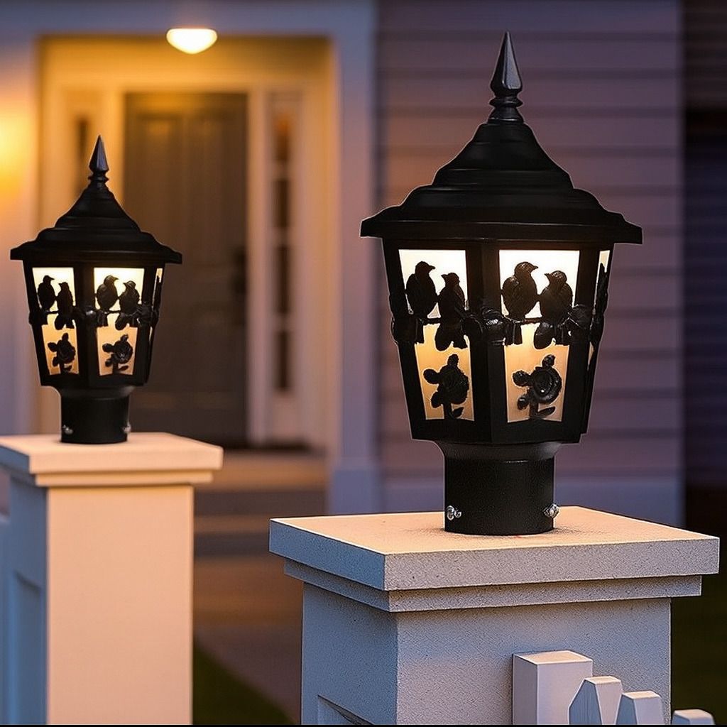 kinis Vintage Black Bird & Rose Design Gate Lamp – Decorative Outdoor Post Light, Warm White Glow for Home Entrance/Pillar Lights for Garden, Patio, Boundreis or Entryway (Pack of 2, Without Bulb) Gate Light Outdoor Lamp-picture-25