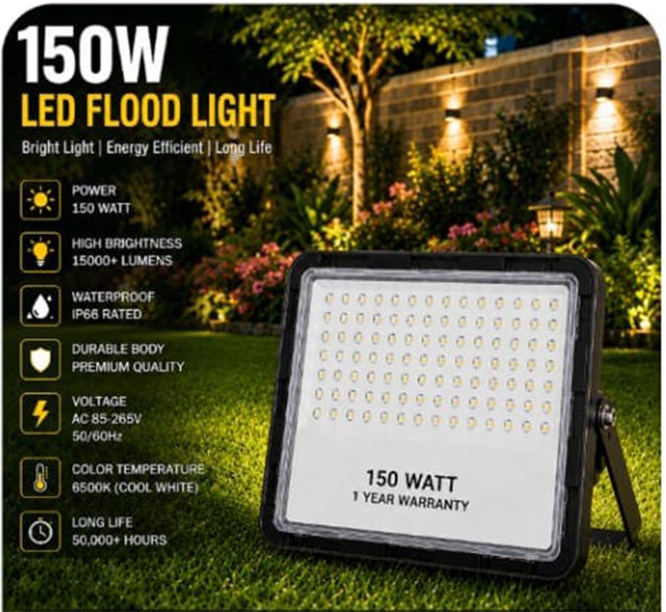 150W LED Flood Light | Outdoor Waterproof Security Light | High Brightness LED Light for Home, Garden & Parking Flood Light Outdoor Lamp-image-22