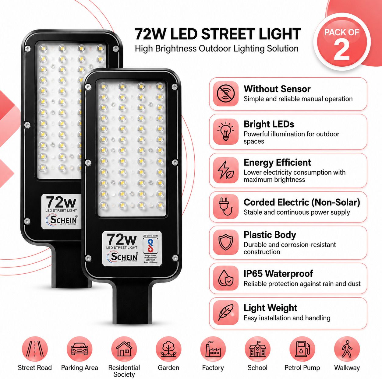 72W LED Street Light Pack of 2 | IP65 Waterproof Protection | Without Sensor | Bright White Illumination | Corded Electric Non-Solar | Energy Efficient | Durable Plastic Body | S2W11A2 Street Light Outdoor Lamp-image-28