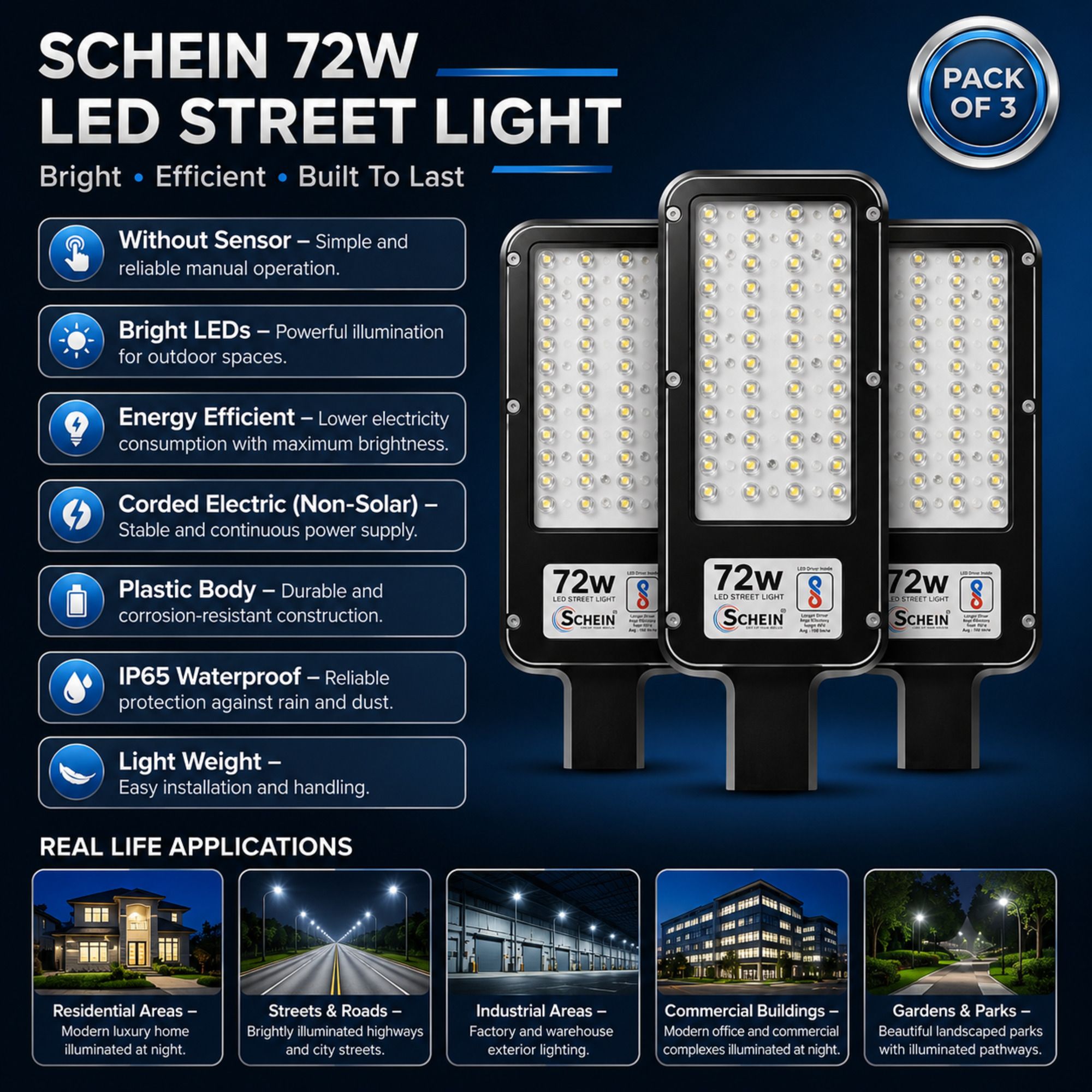 schein 72W LED Street Light Pack of 3 | Without Sensor | Bright White Illumination | Corded Electric Non-Solar | IP65 Waterproof Protection | Energy Efficient | Durable Plastic Body | S3W5 Street Light Outdoor Lamp-picture-19
