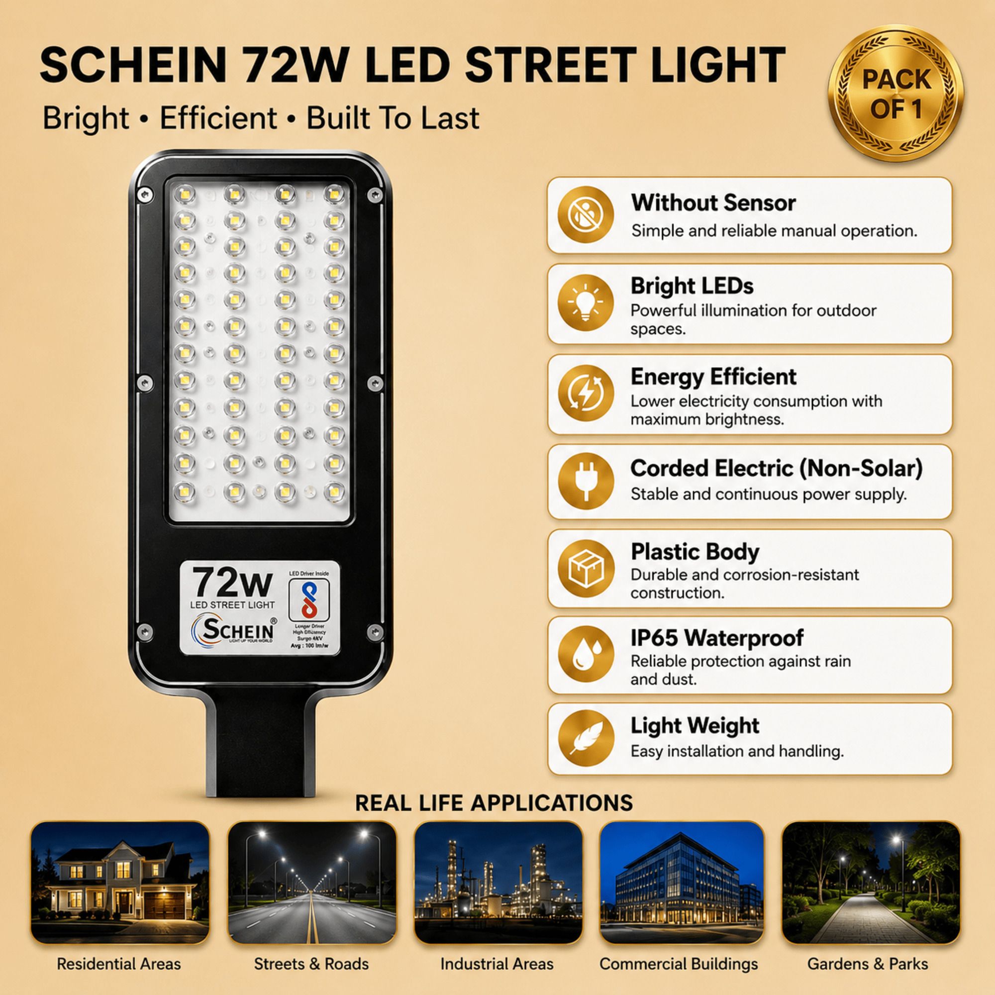 schein 72W LED Street Light Pack of 1 | Without Sensor | Bright White Illumination | Corded Electric Non-Solar | IP65 Waterproof Protection | Energy Efficient | Durable Plastic Body | S1W5 Street Light Outdoor Lamp-picture-11