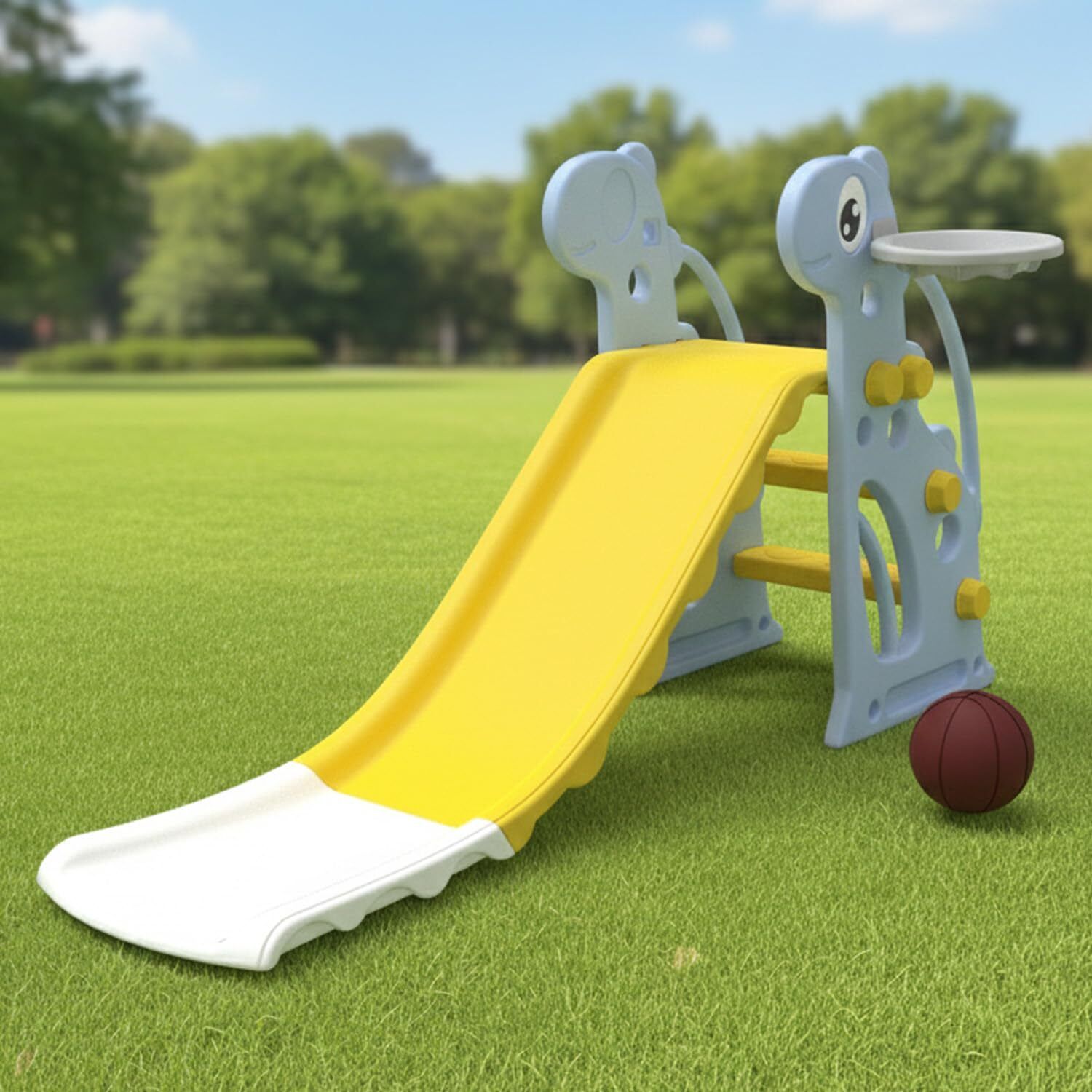 Giraffe Kids Slide | Tall Indoor & Outdoor Smooth Slider with Basketball Hoop-image-5
