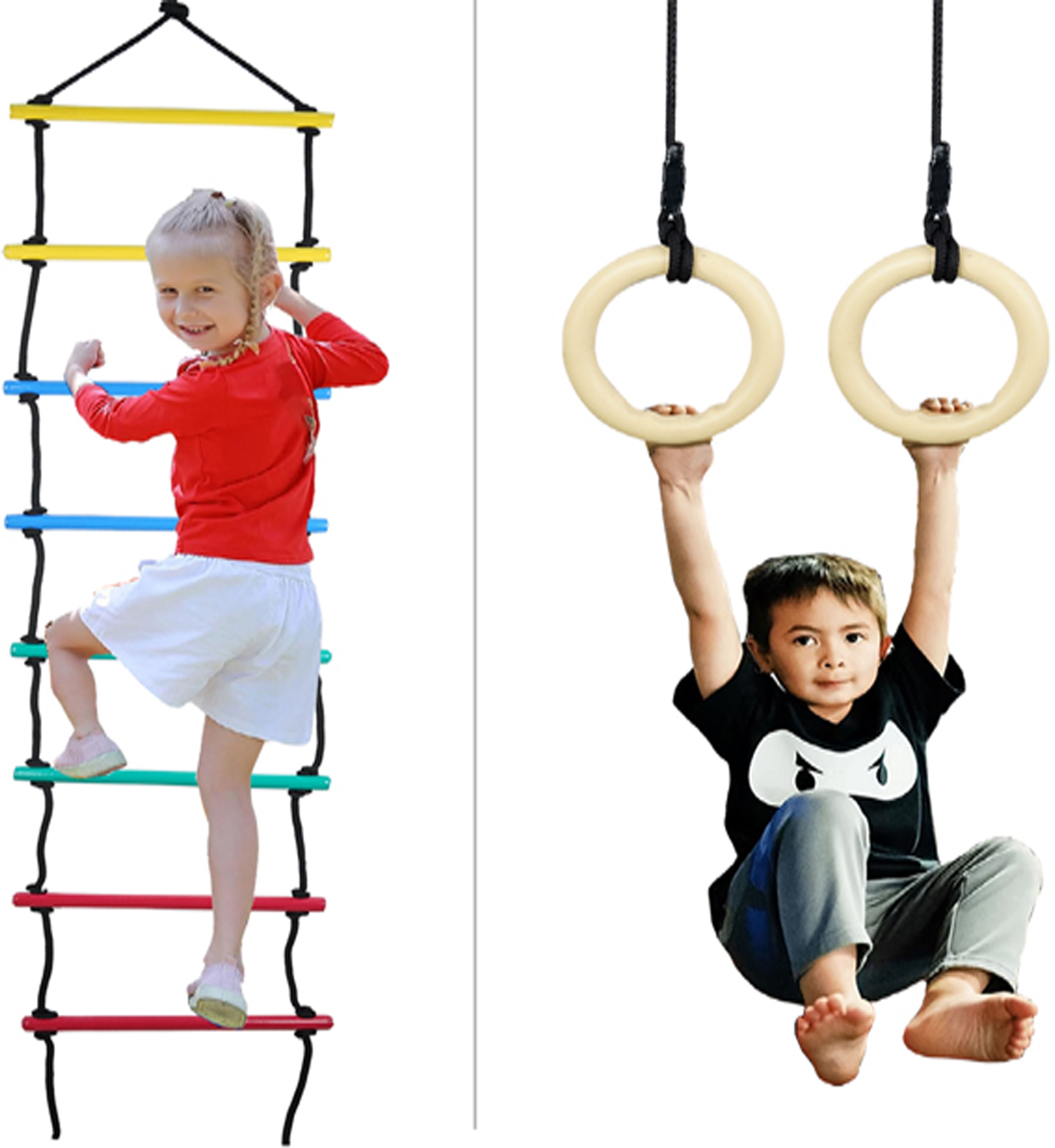 2-in-1 ABS Gymnastic Rings Set with Climbing Rope Ladder Swing for Kids-image-30