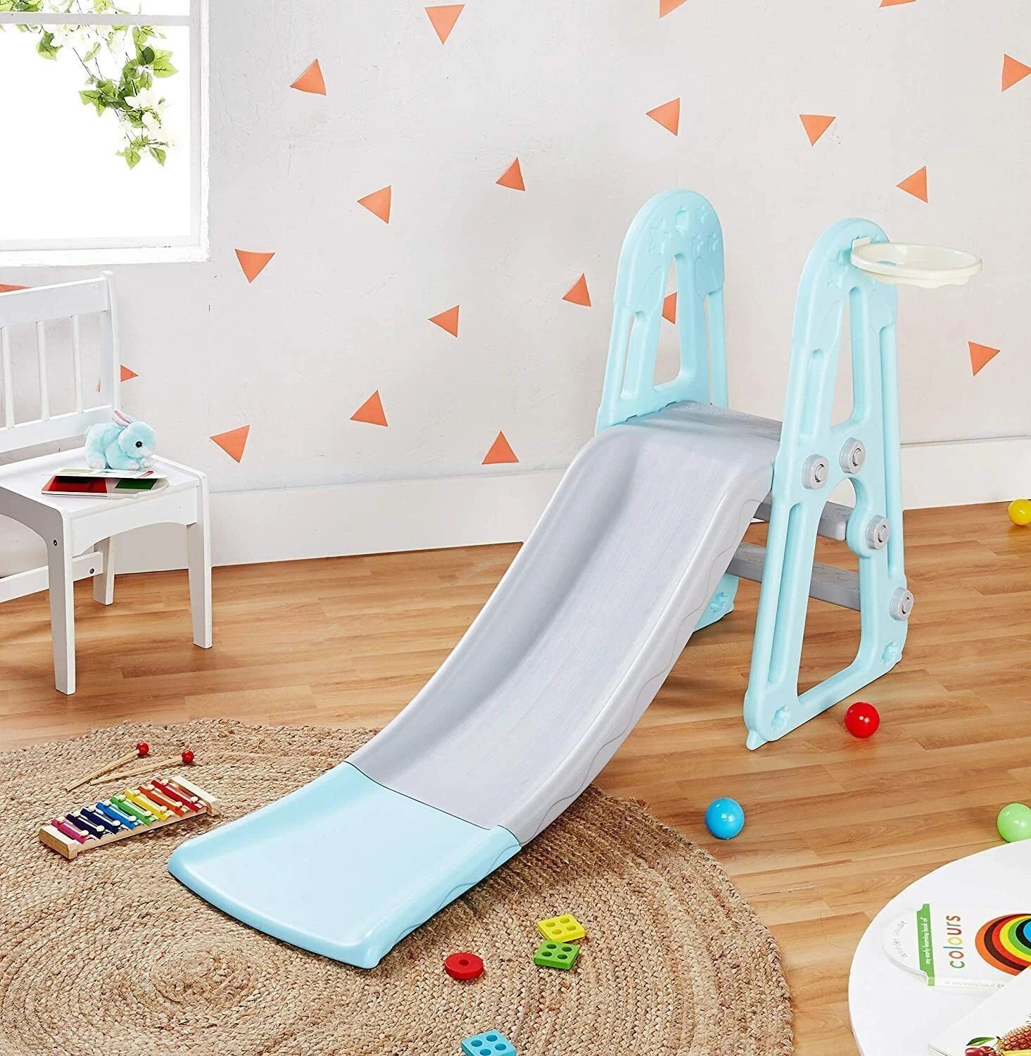 GARDEN SLIDE FPR KIDS WITH EXTENDED BUFFER , BABY GARDEN FOLDABLE SLIDE WITH BASKETBALL RING , BABY SLIDE FOR BOYS AND GIRLS FOR INDOOR OUTDOOR PLAY (1 YEAR-5 YEARS )