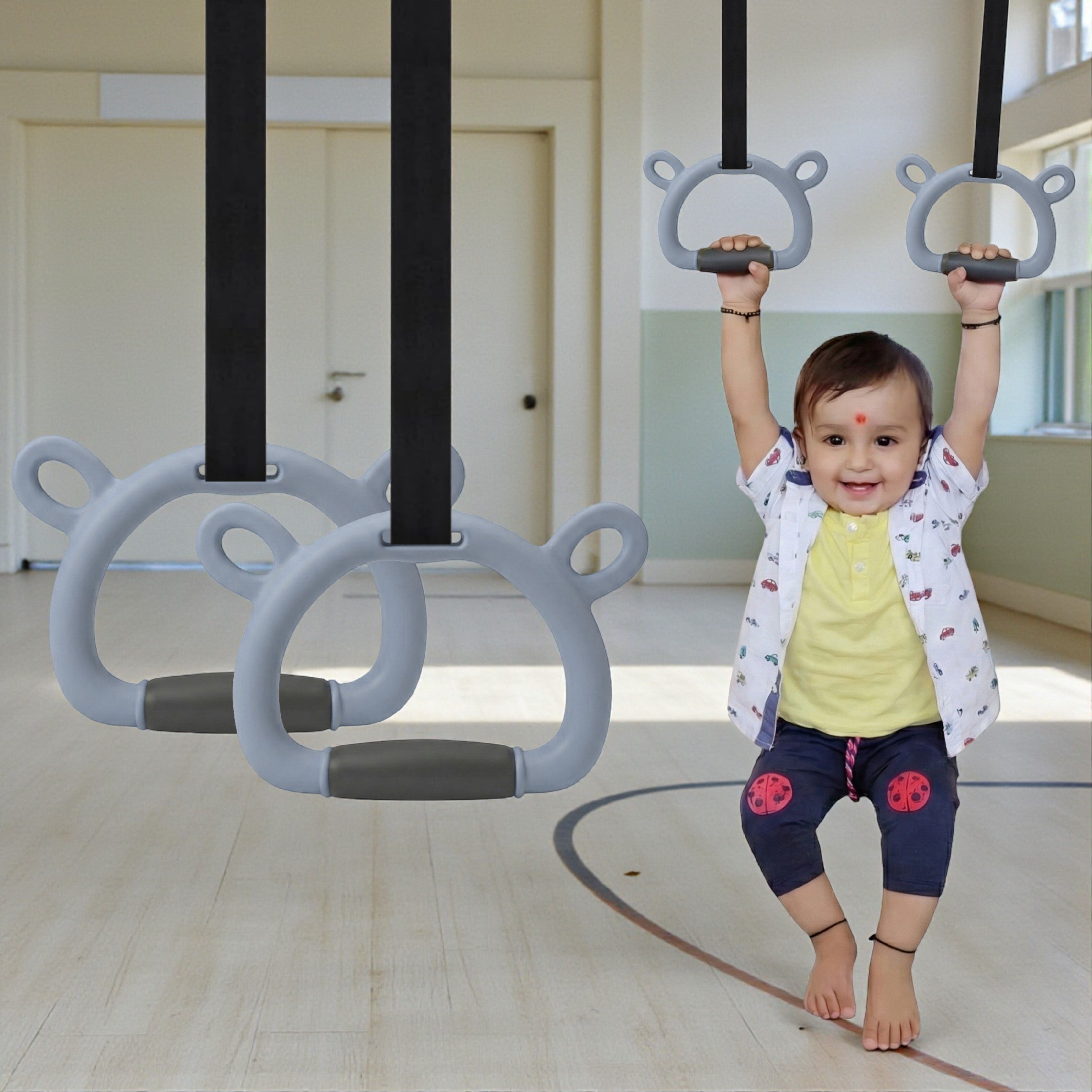 Kids Gymnastic Rings with 11.5Ft Adjustable Strap Bear Design with Silicone Grip