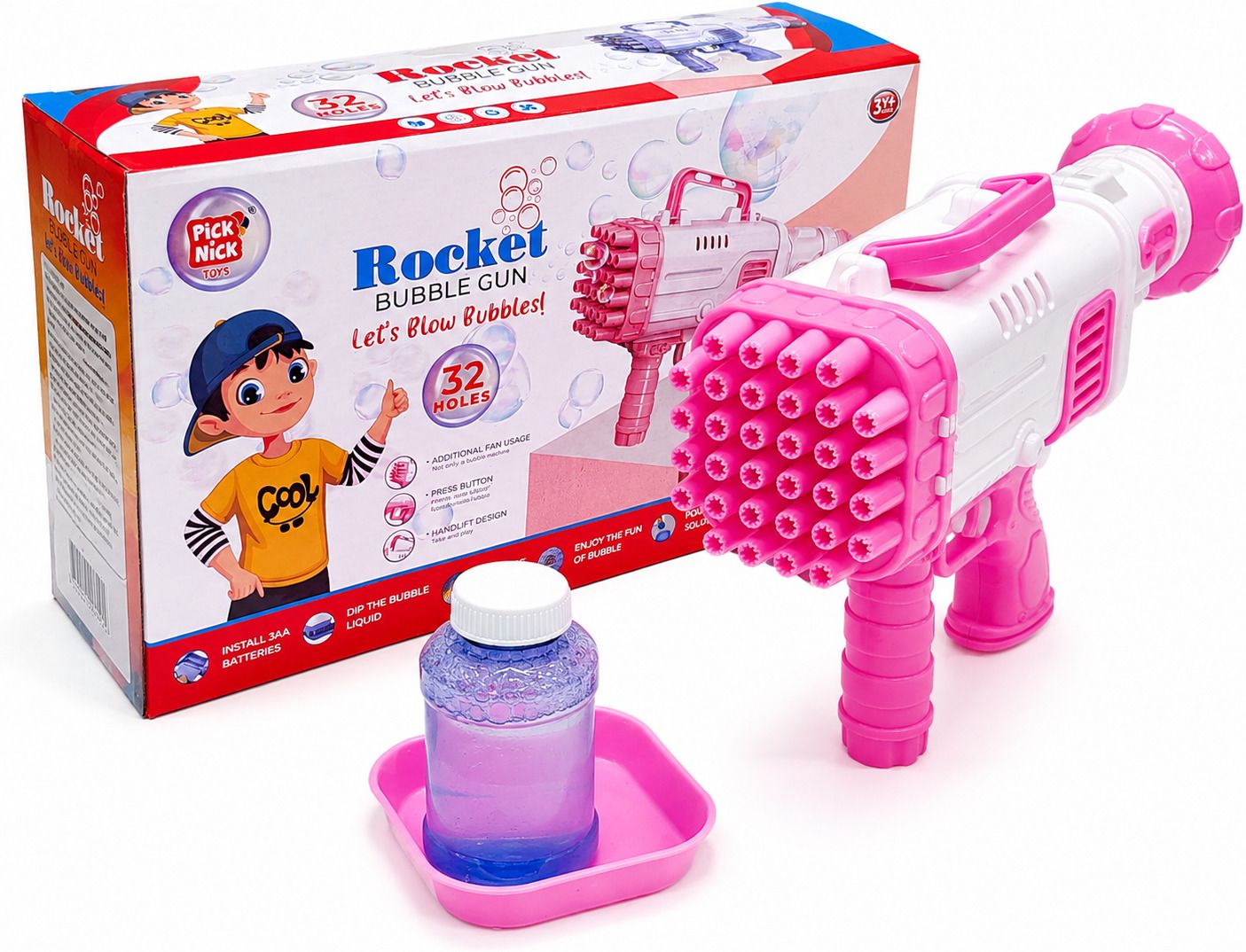 32 Hole Rocket Bubble Gun with Bubble Solution & Tray for Kids Pink Water Gun-image-41