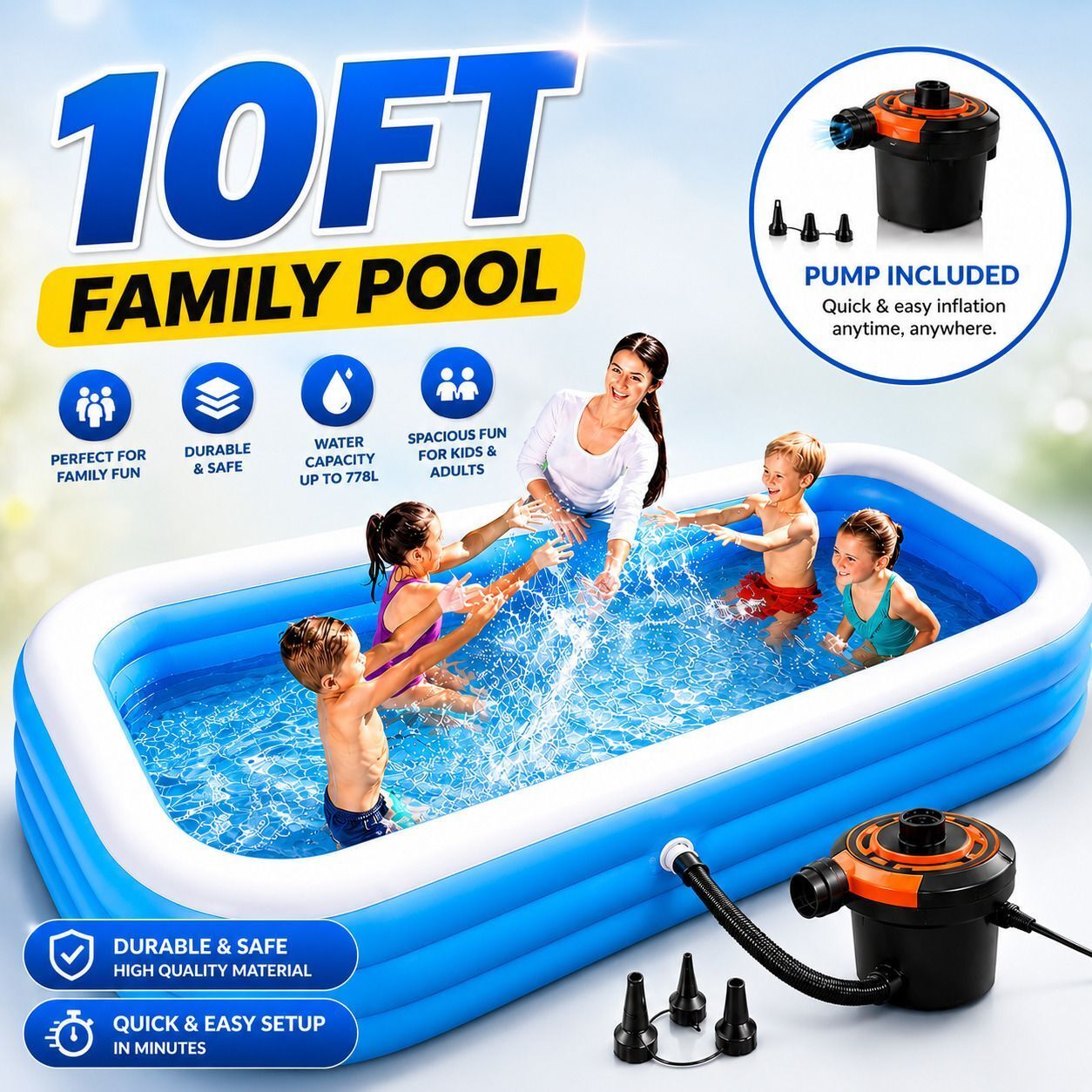 10ft Family Pool for Kids & Adults, Portable Pool Bathtub with Electric Pump-image-33