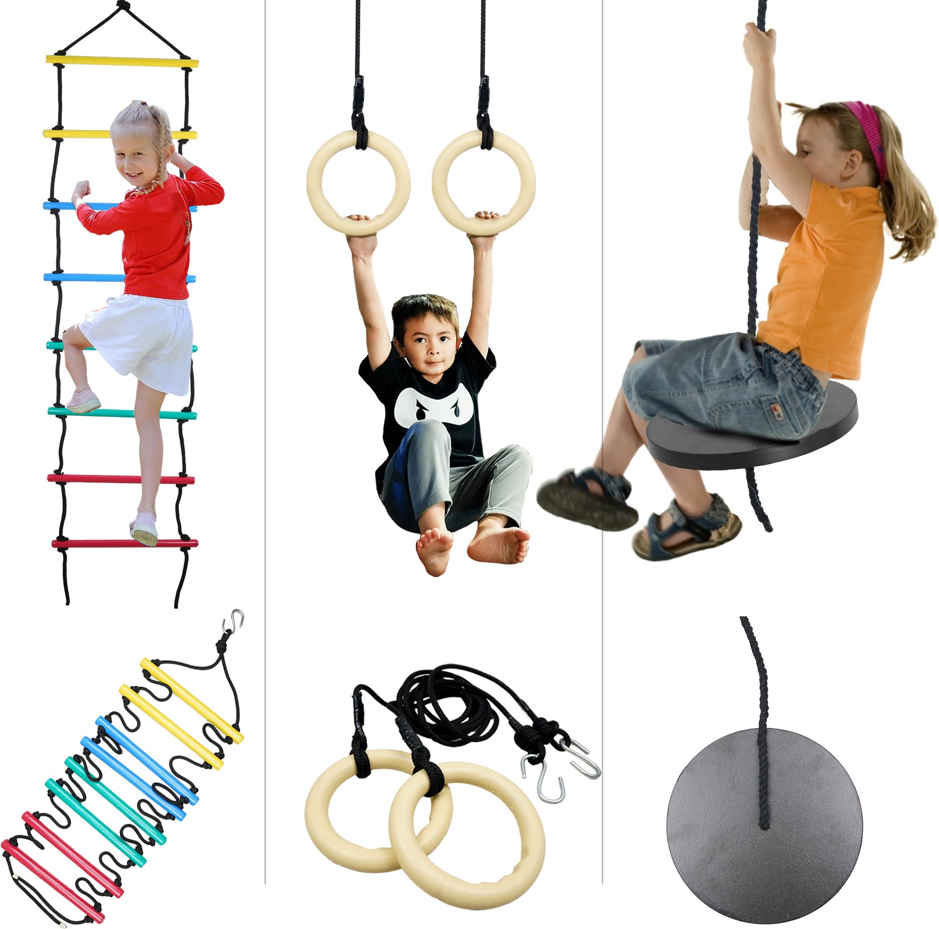 3-in-1 ABS Gymnastic Rings Set with Climbing Rope Ladder and Disc Swing for Kids