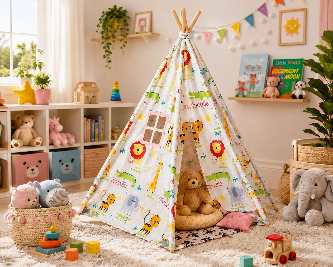 auslese robotics Kids Teepee Tent with Wooden Frame, Animal Print Design, Boys & Girls-picture-5