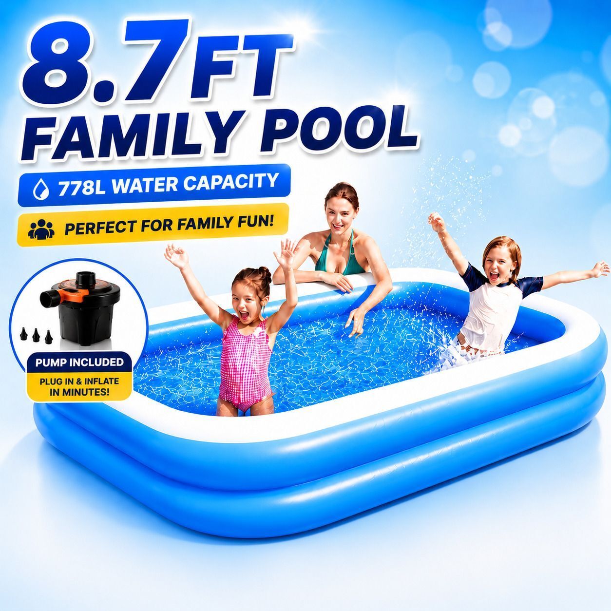 buddynjoy 8.7ft Family Pool, Portable Bathtub with Electric Pump for kids-picture-13