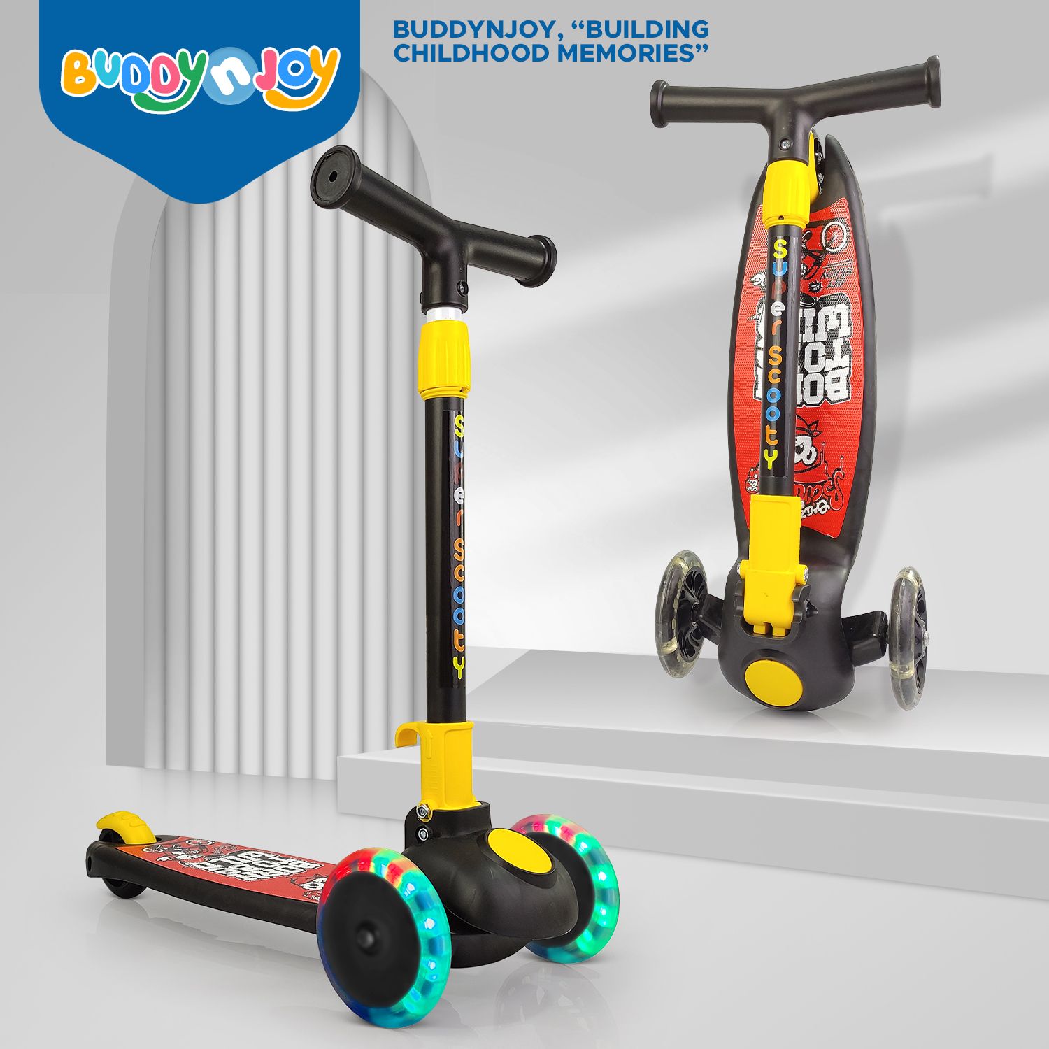 Adjustable Height LED light scooter foldable with PU Wheelsand Brakes (Pink)