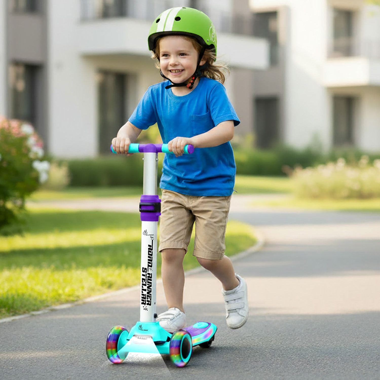 r for rabbit Road Runner Stellar Kids Ride-on Scooter with Bluetooth & LED - Green Purple-picture-0