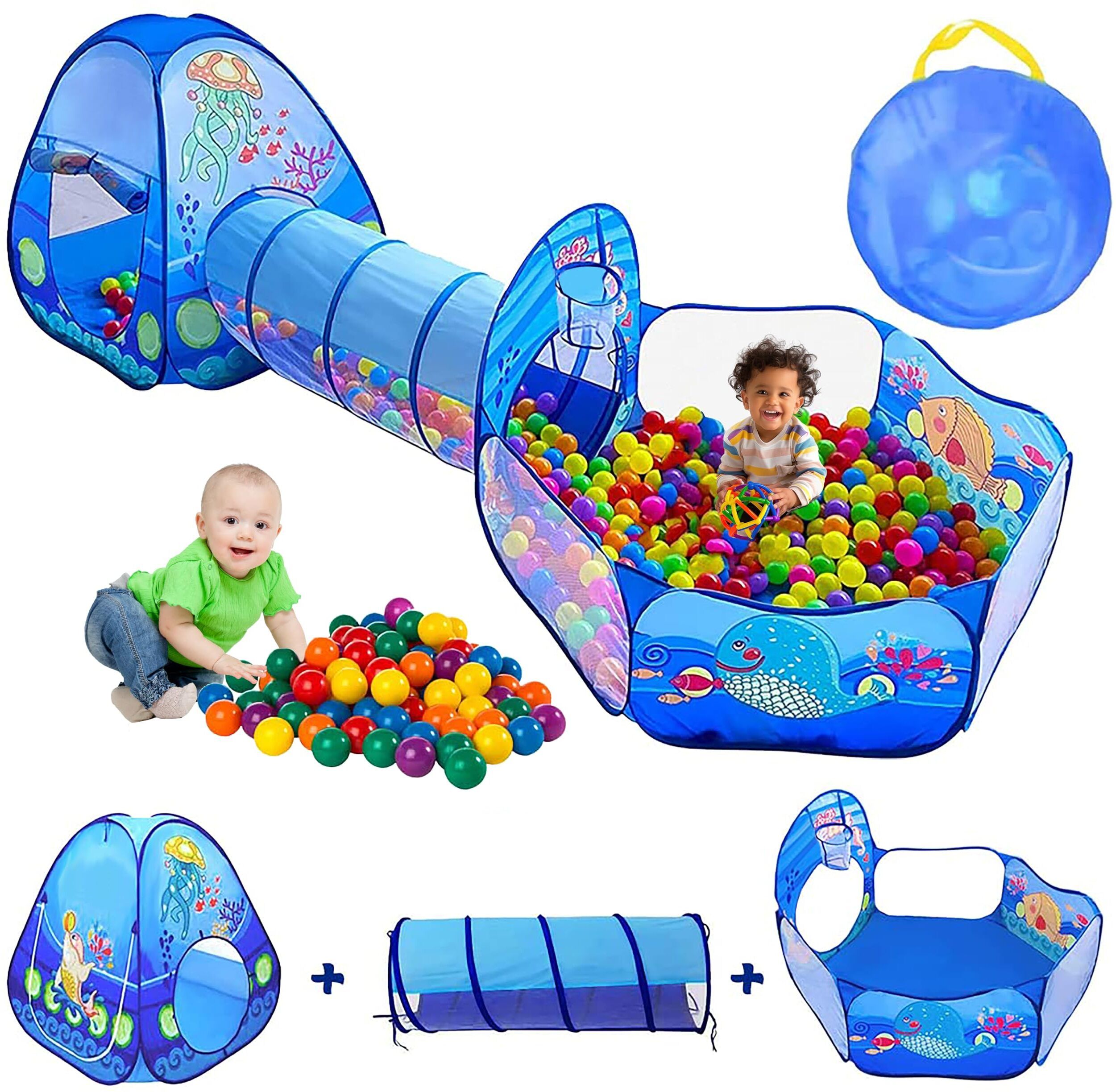 3-In-1 Ball Pool Tunnel For Kids 1-5 Yrs | Foldable Tent with Crawling Tunnel