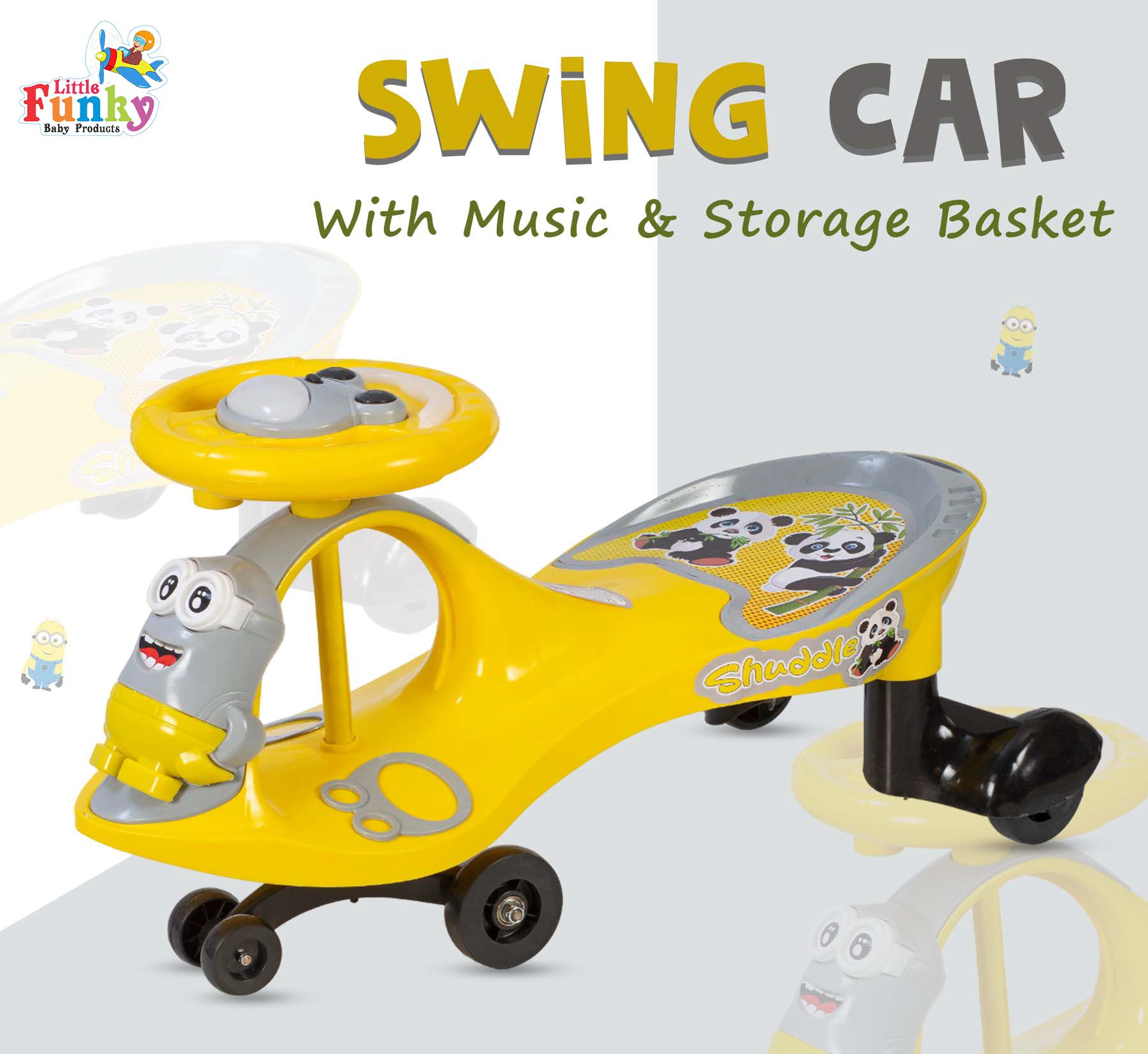 Minion Swing Car For Kids With 360 Degree Rotation Wheels & Musical Steering