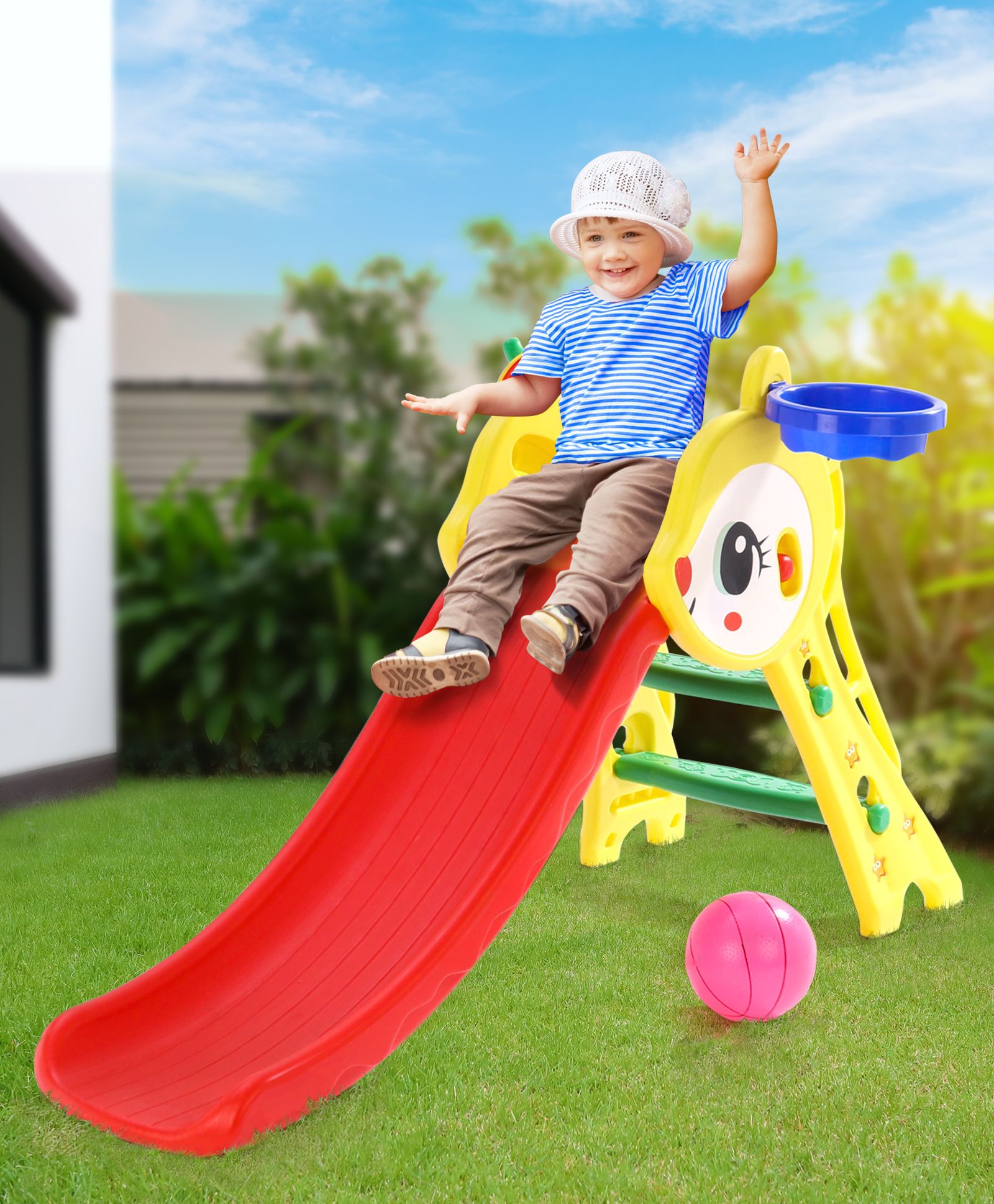 Baby Garden Rabbit Slide for Kids with Basketball Hoop and Ring Hoopla, Indoor-Outdoor (L-130 cm x B-50 cm x H-70 cm) (Foldable)