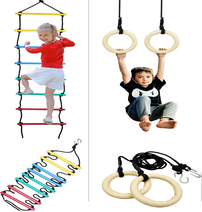 2-in-1 ABS Gymnastic Rings Set with Climbing Rope Ladder Swing for Kids
