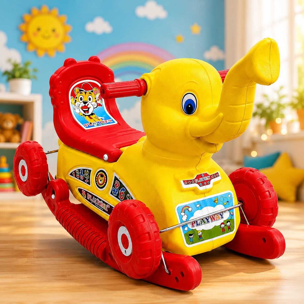 Cute Elephant Rocker & Ride-On Toy with Wheels for Kids 1-5 Years-image-39