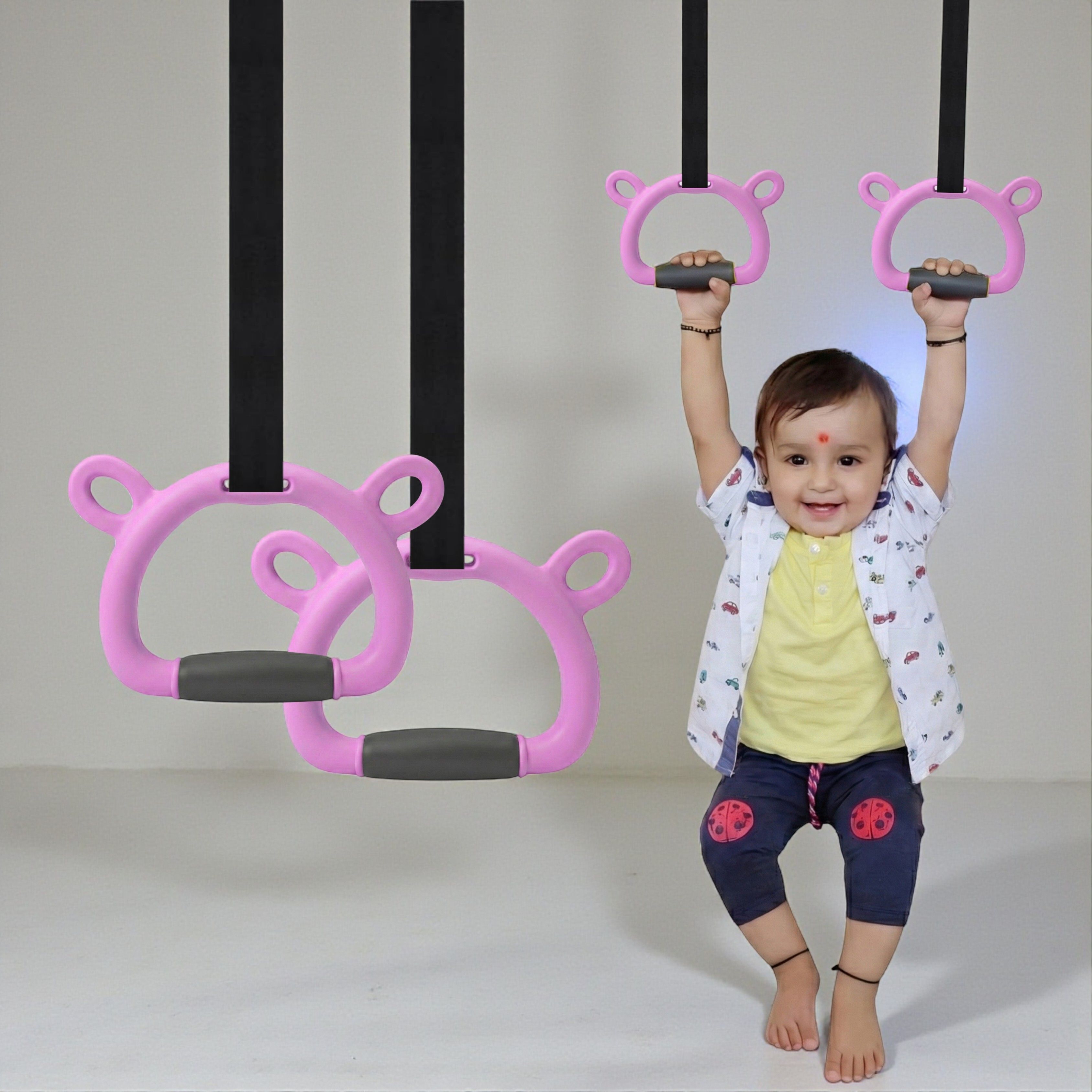 Kids Gymnastic Rings with 11.5Ft Adjustable Strap Bear Design with Silicone Grip