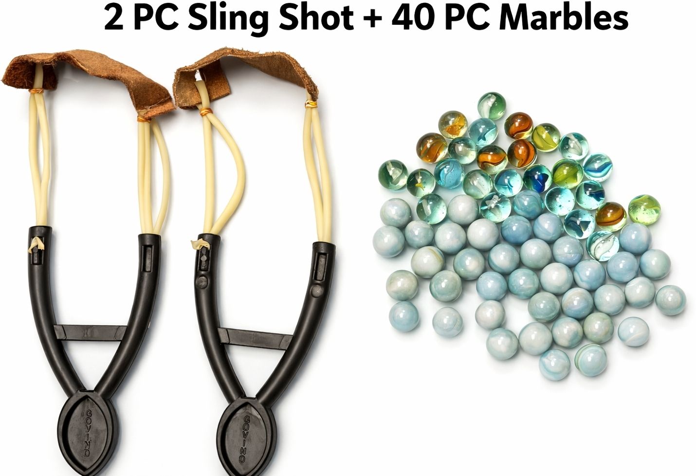 2 pc black sling shot and 40 pc marbles for every one