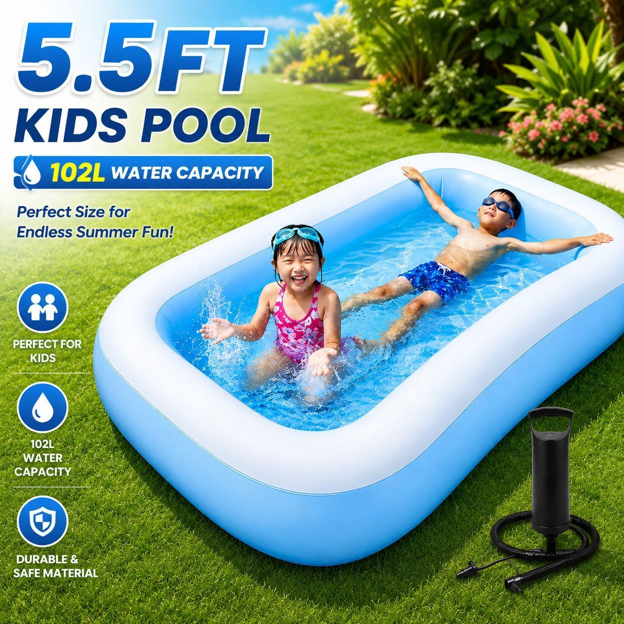 5.5 Feet Rectangular Swimming Pool Bathtub for Kids with Air Pump-image-24
