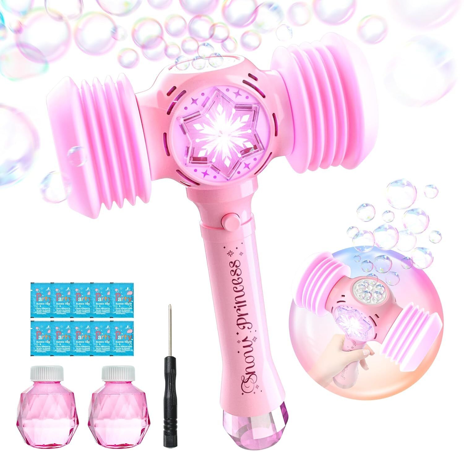 2 in 1 Bubble Hammer Wand Automatic Bubble Blower Gun with Light Sound for Kids
