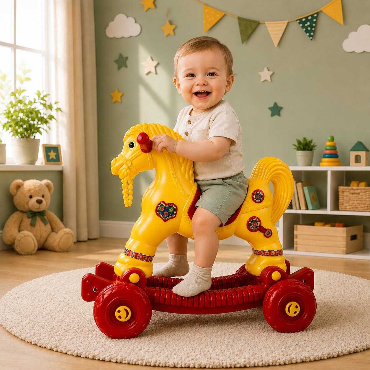 Kids Rocking Horse Ride-On Toy with Wheels Indoor Outdoor Play-image-12
