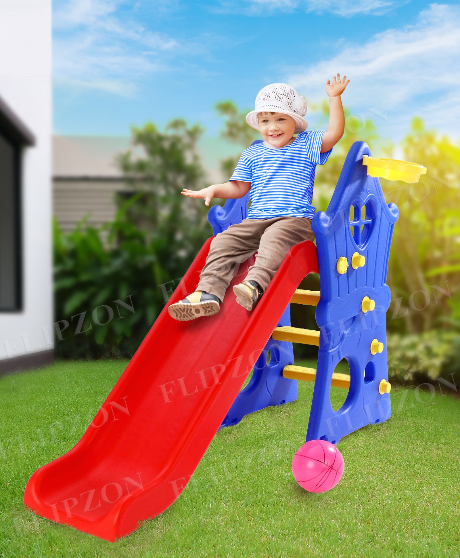 Hut Shape Toy Slide for Kids at Home and School with Basket Ball Ring