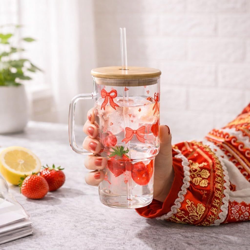 1200ML Glass Sipper Mug with Handle, Bow Tie & Wooden Lid-image-12
