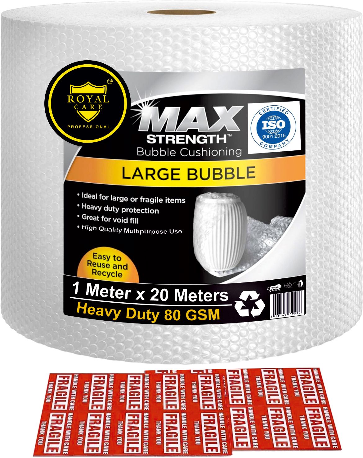 Air Bubble Wrap Packing Roll 1M x 20M – Premium 80 GSM Air With Fragile Stickers Security Bag