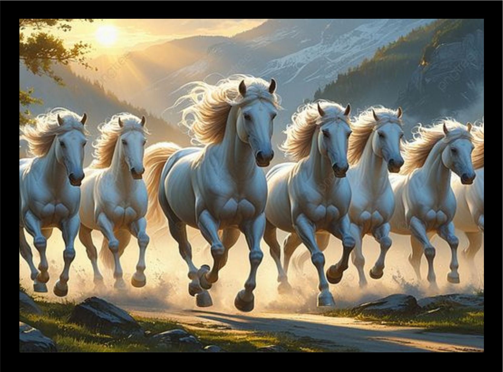 manarayan creation Running Horses Storm Energy Good Luck Frame A4 Black-228 14.4 inch Wall-picture-24