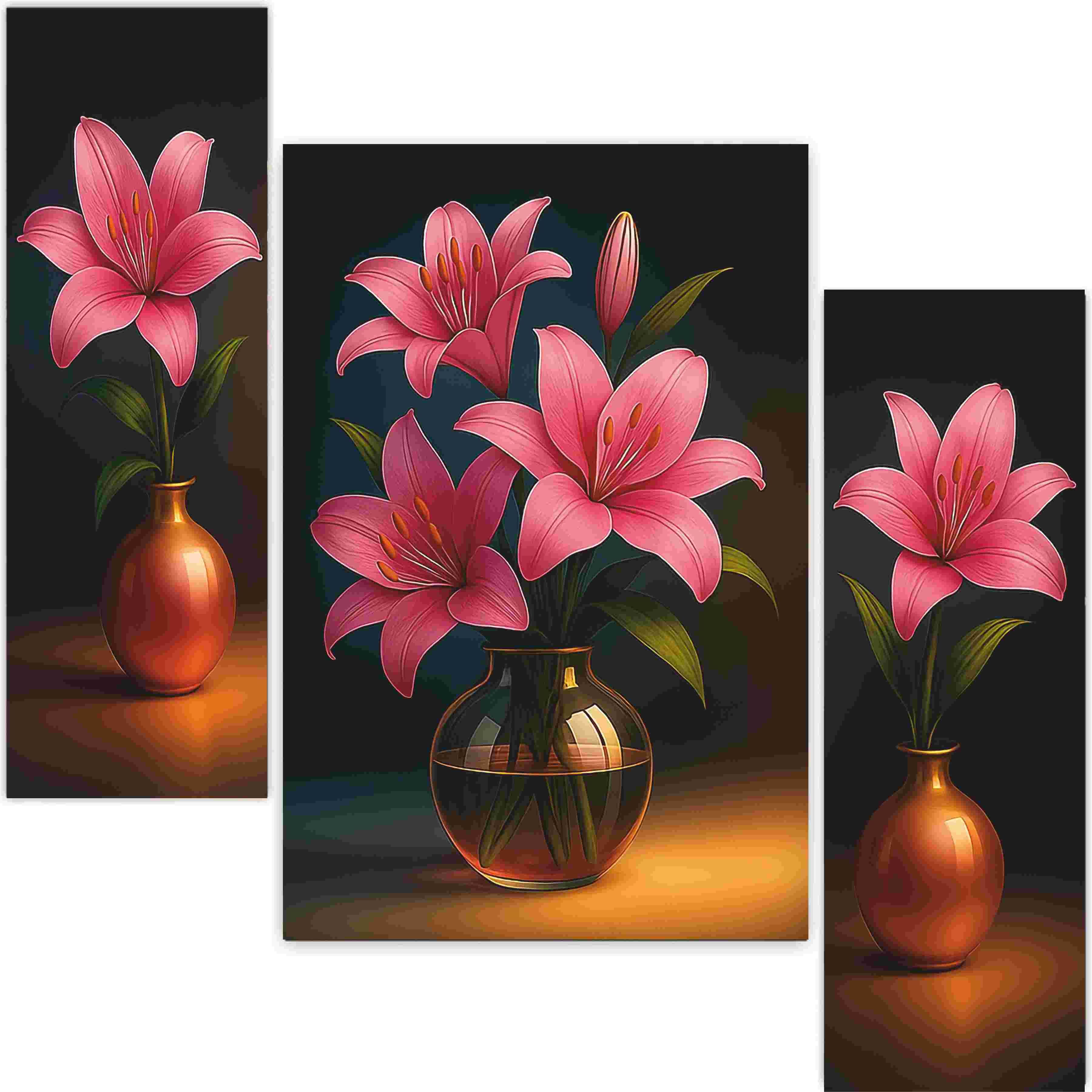 aarav art Set 3 Pink Lily Flower Vase MDF Wall Painting Digital Reprint 12 inch x 18 inch Painting-picture-15