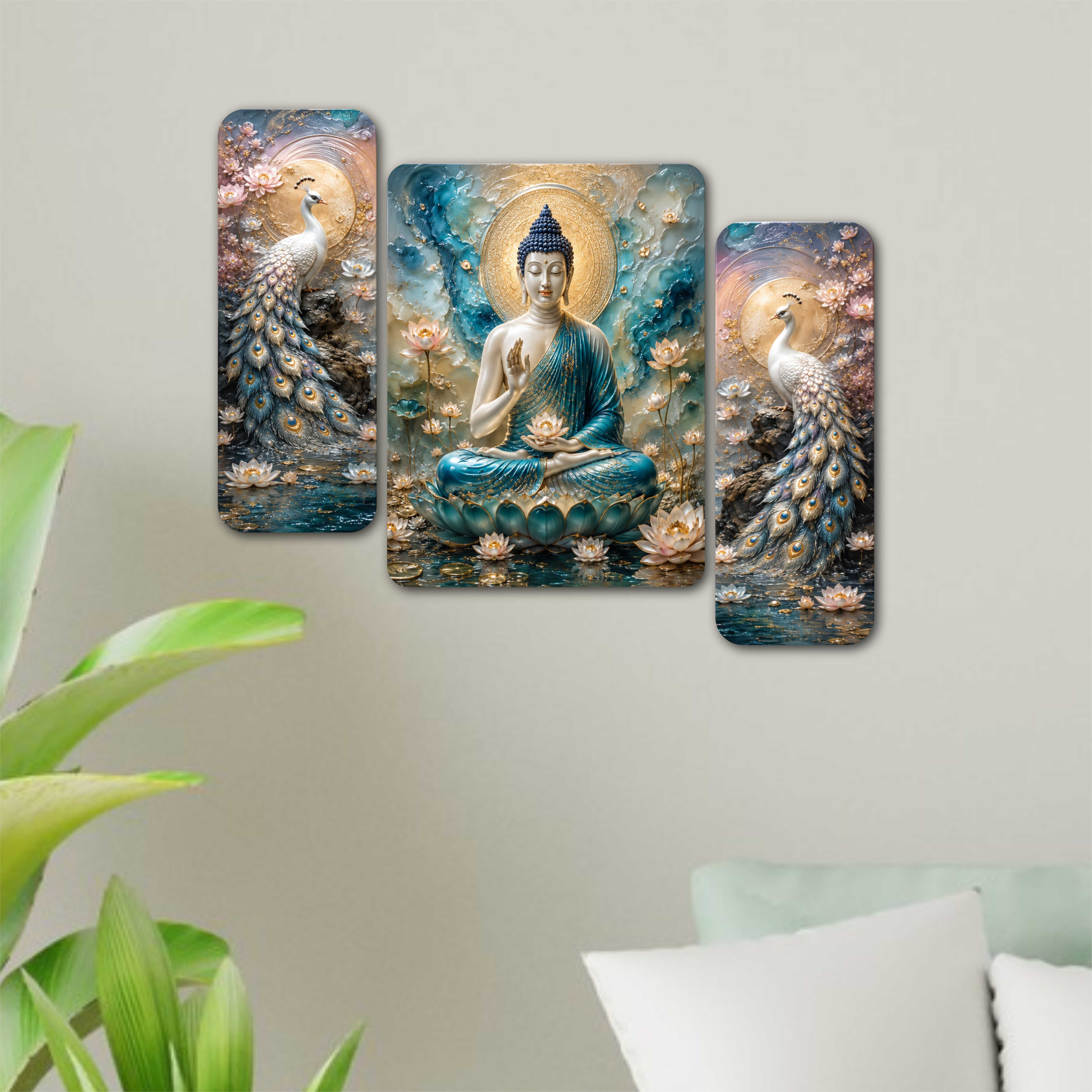 saf Buddha Peacock Lotus UV Textured MDF Wall Painting Set of 3 Digital Reprint 12 inch x 18 inch Painting-picture-36