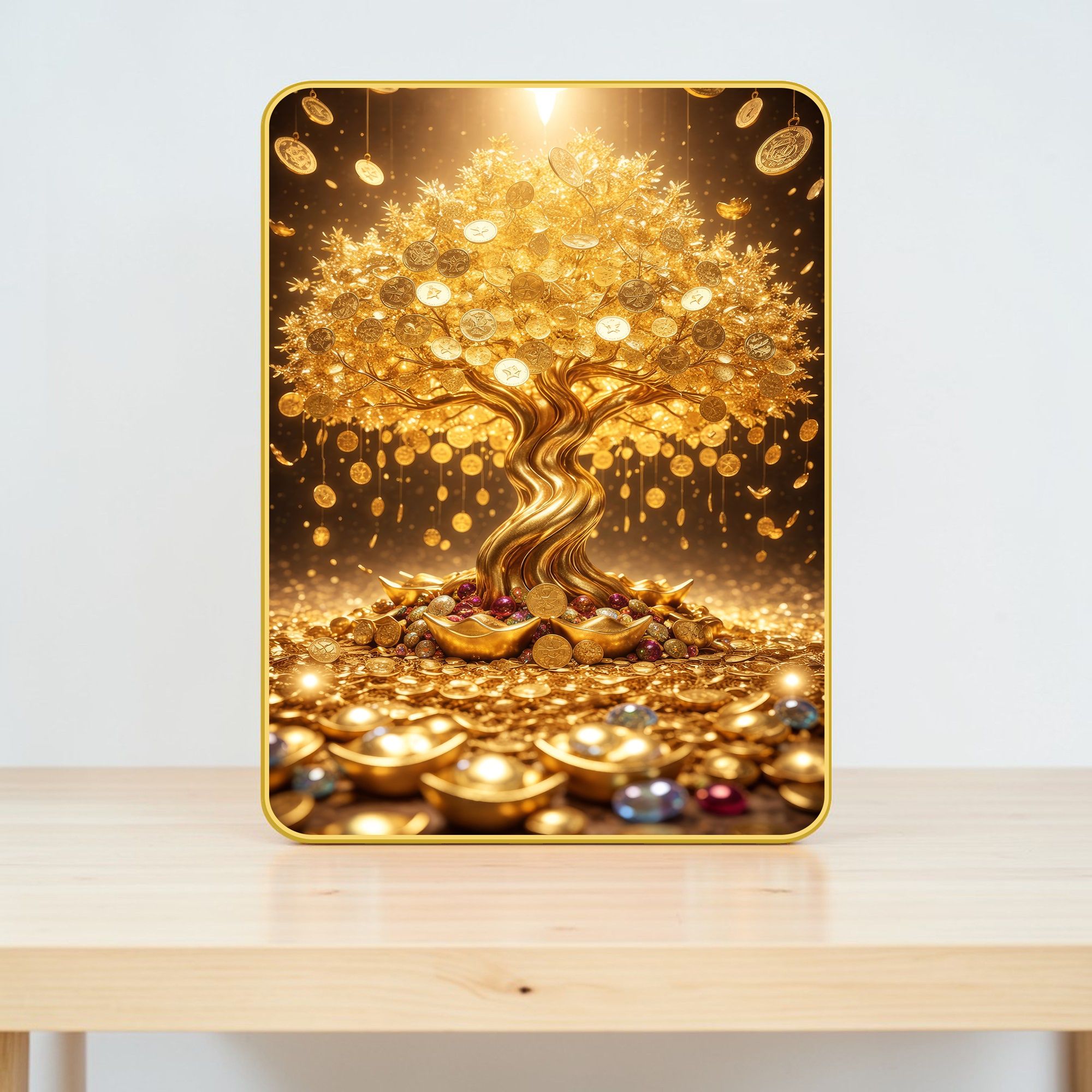 Feng Shui Money Tree Wall Painting Golden Strip Frame Sparkle Lamination Digital Reprint 12 inch x 9 inch Painting-image-5